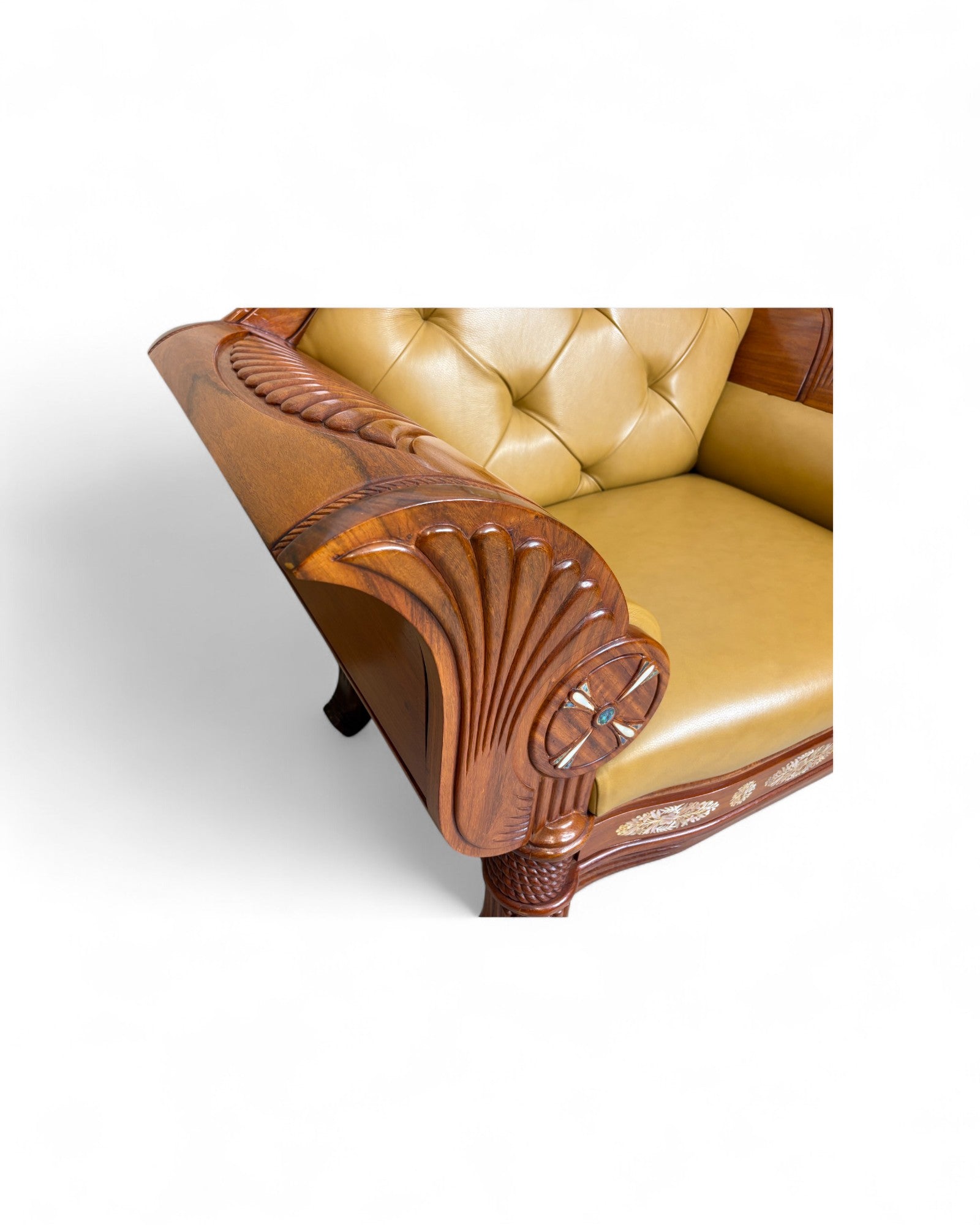 Chinese Art Deco Rosewood & Leather Armchair with Pearl Inlay - Reproduction