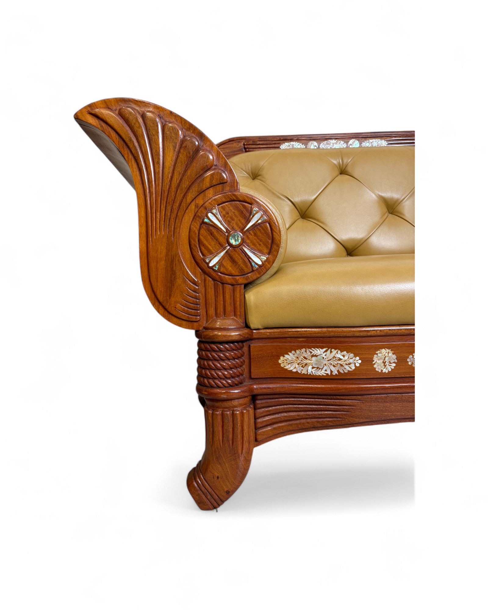 Chinese Art Deco Rosewood & Leather Armchair with Pearl Inlay - Reproduction