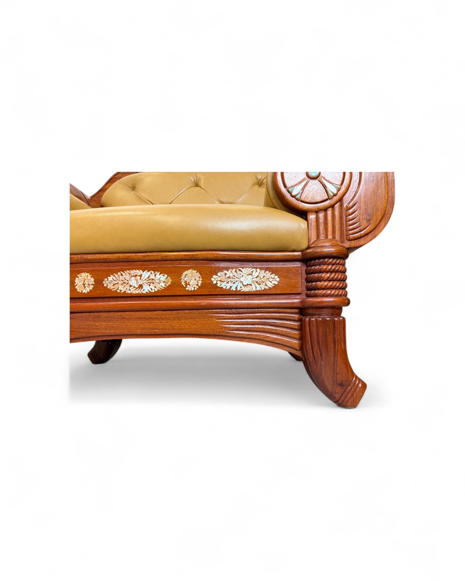 Chinese Art Deco Rosewood & Leather Armchair with Pearl Inlay - Reproduction