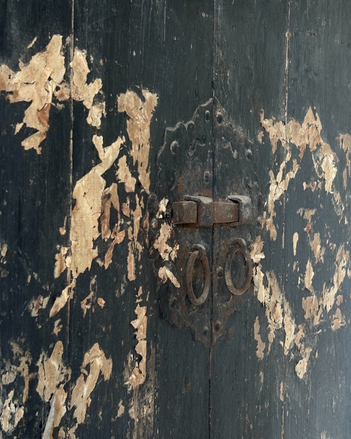 Black Painted Elm Door with Traces of Red Paper Appliqué - Surround Living - 7