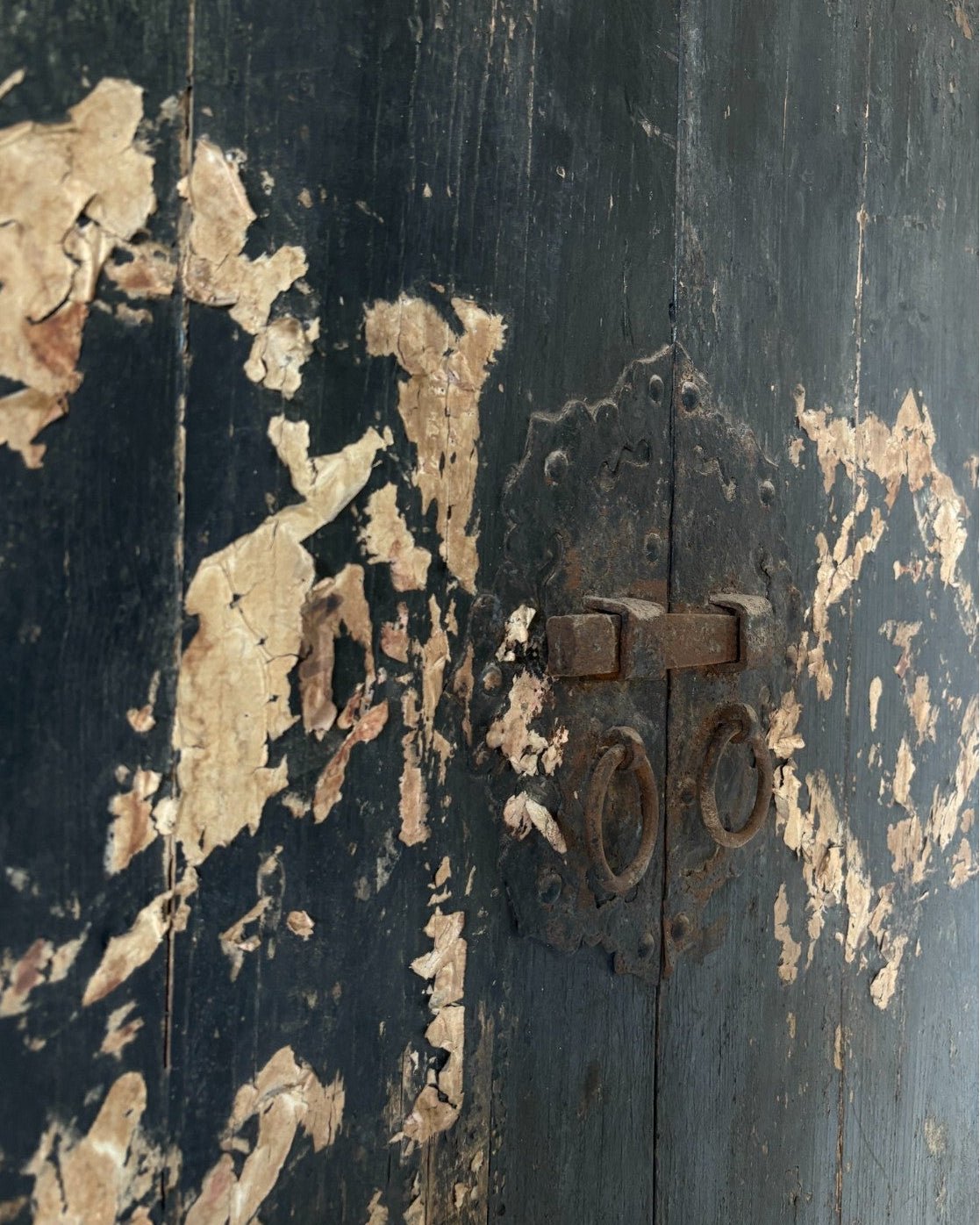 Black Painted Elm Door with Traces of Red Paper Appliqué - Surround Living - 16