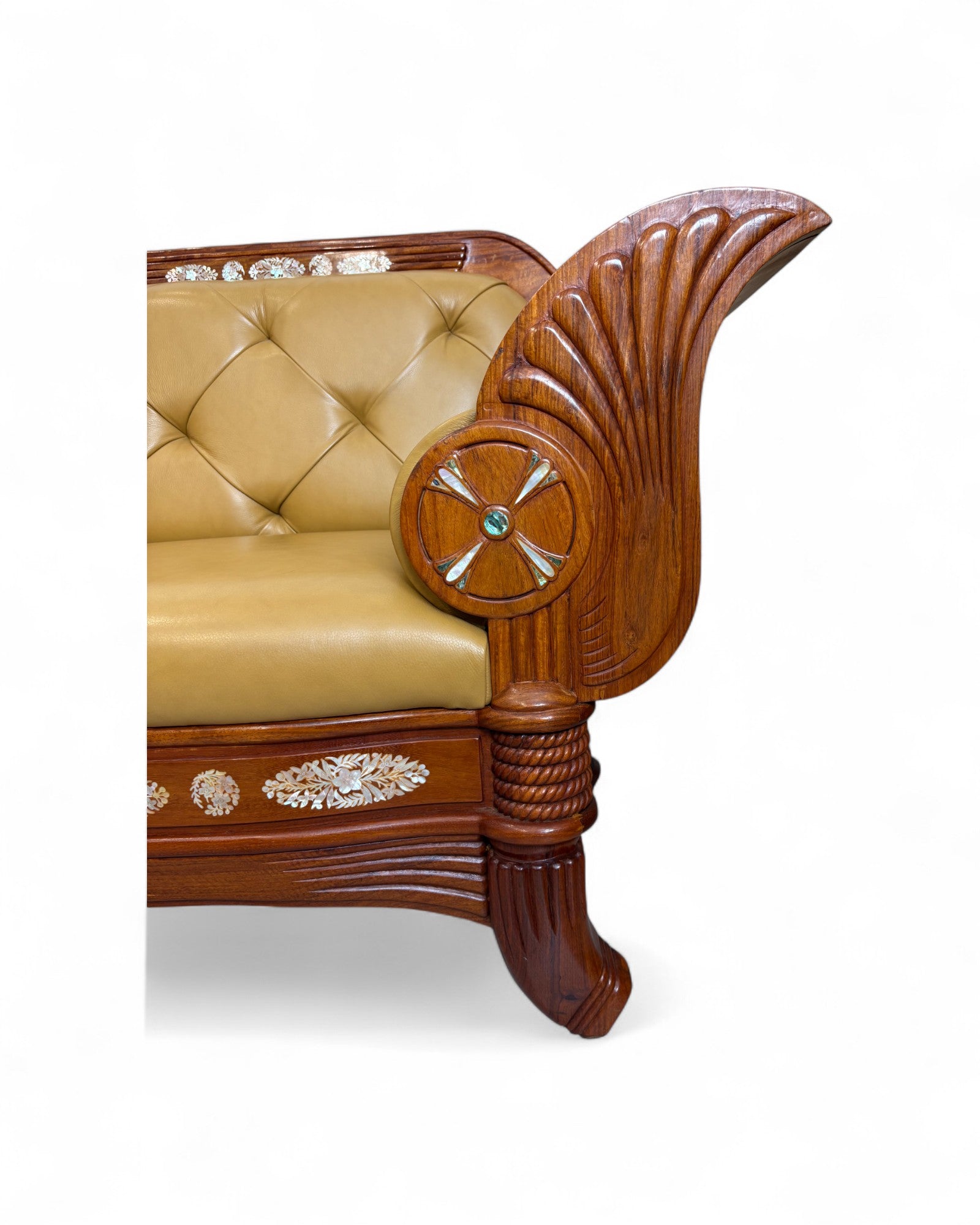 Chinese Art Deco Rosewood & Leather Armchair with Pearl Inlay - Reproduction