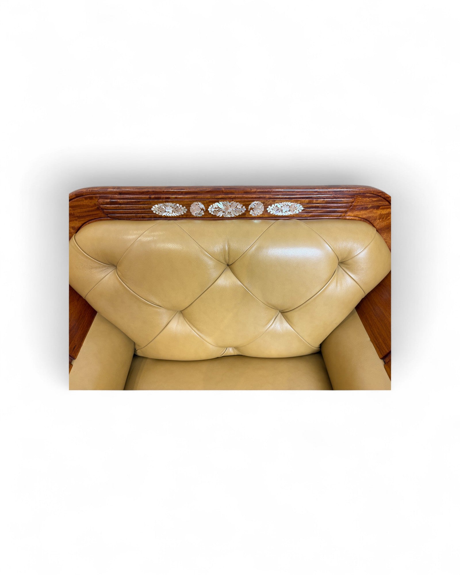 Chinese Art Deco Rosewood & Leather Armchair with Pearl Inlay - Reproduction