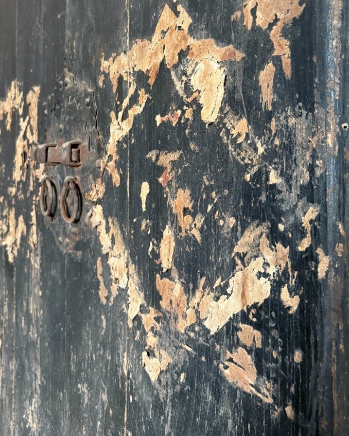 Black Painted Elm Door with Traces of Red Paper Appliqué - Surround Living - 28