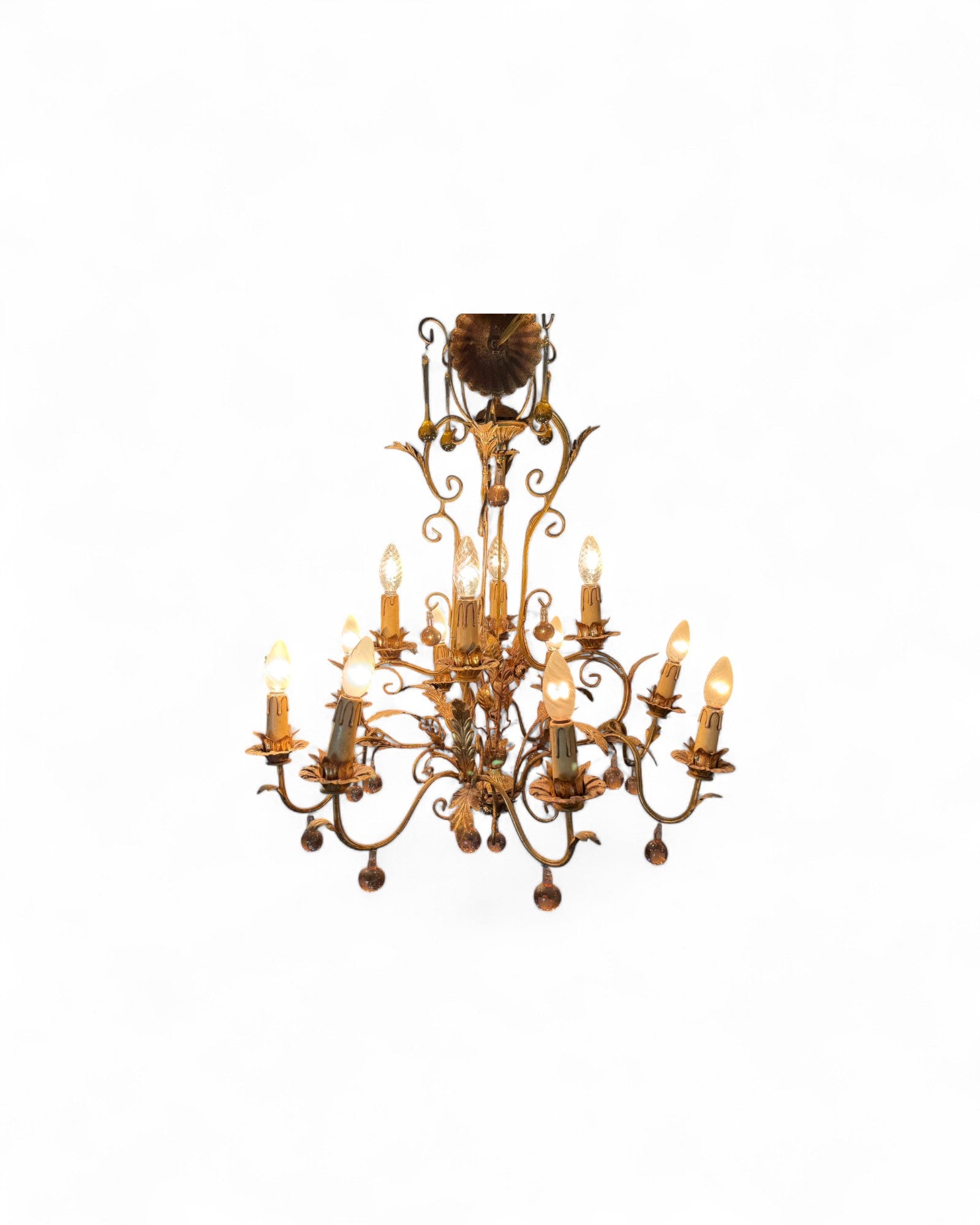 Italian Toleware Golden Chandelier with Murano Glass Droplets