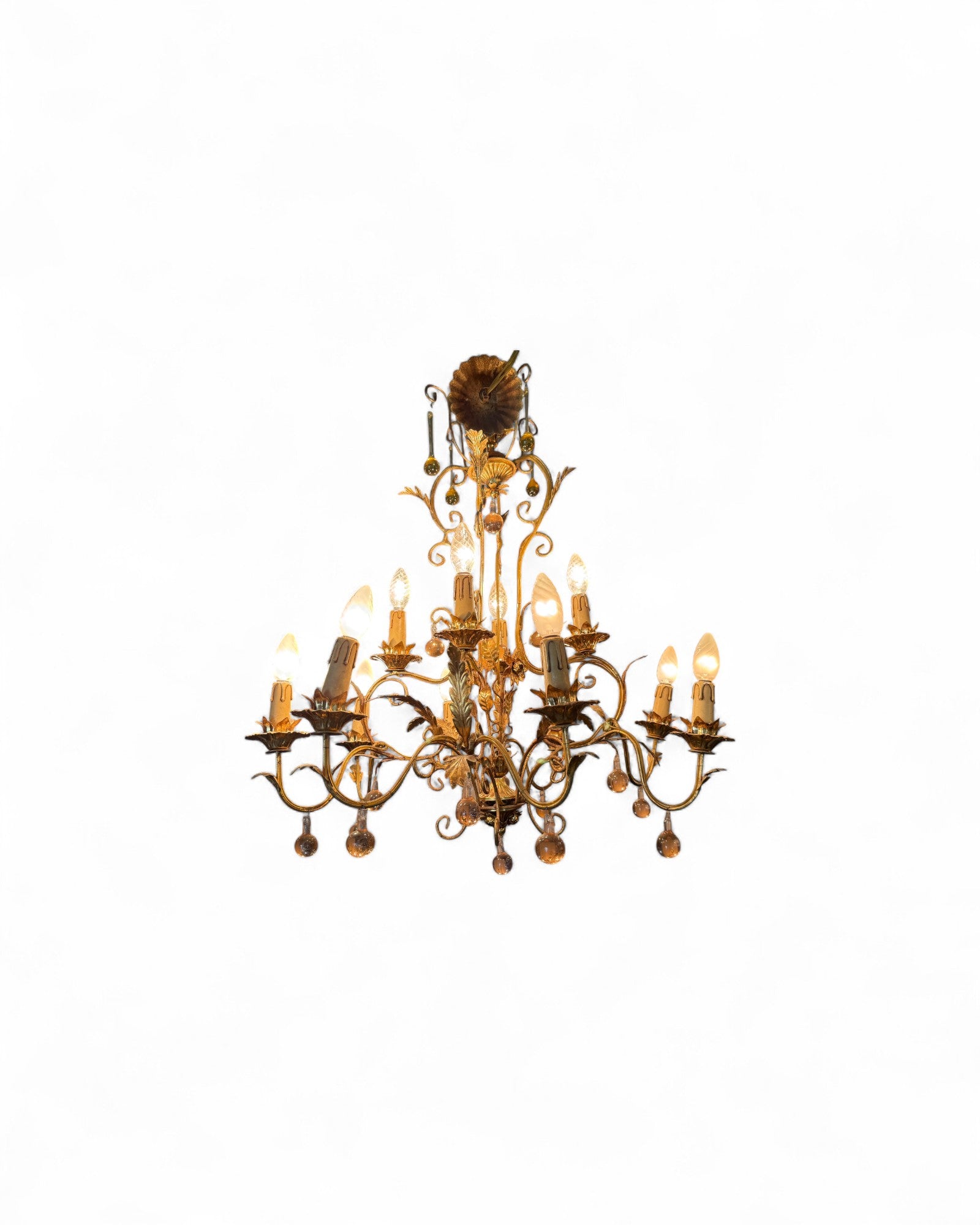 Italian Toleware Golden Chandelier with Murano Glass Droplets