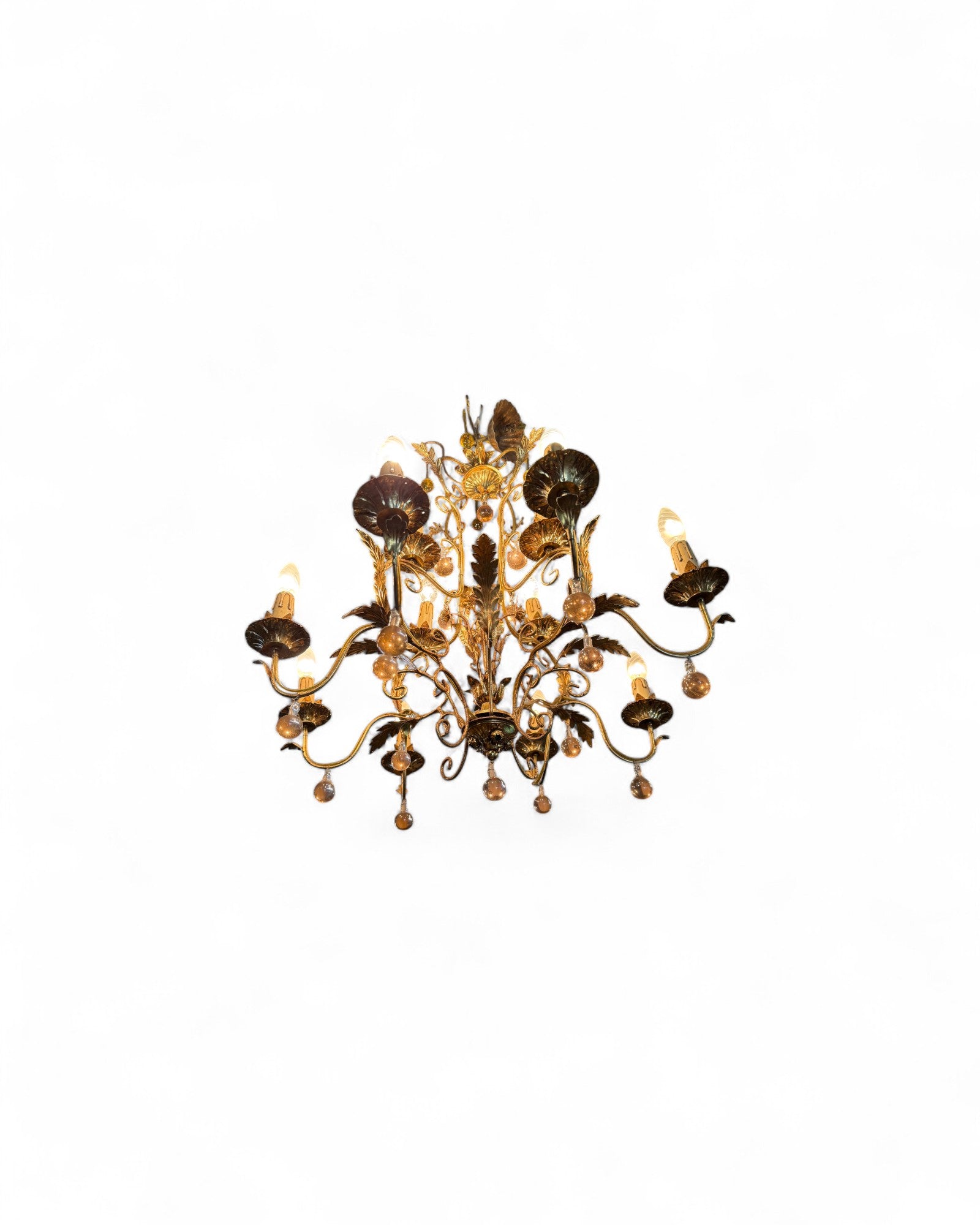 Italian Toleware Golden Chandelier with Murano Glass Droplets