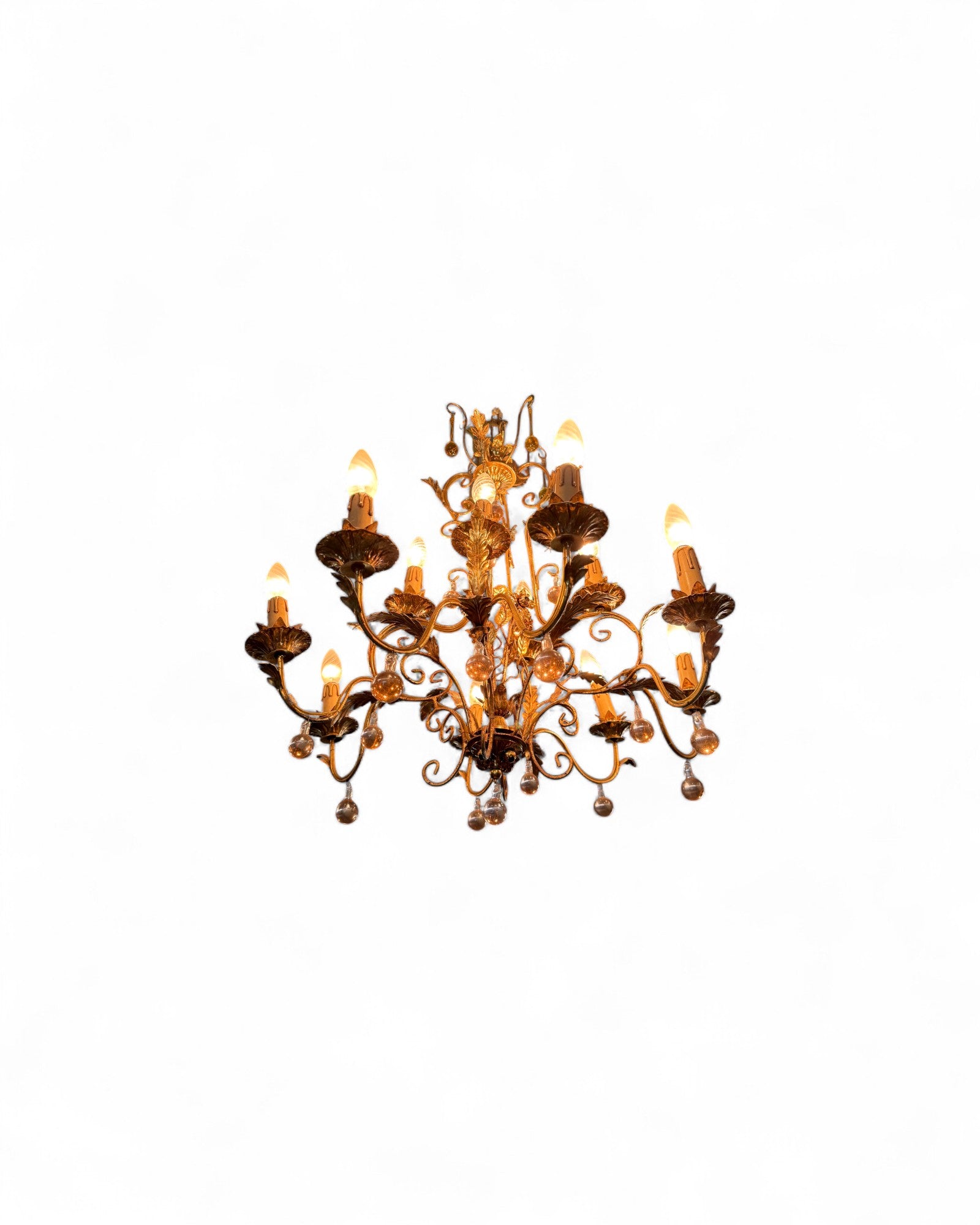 Italian Toleware Golden Chandelier with Murano Glass Droplets