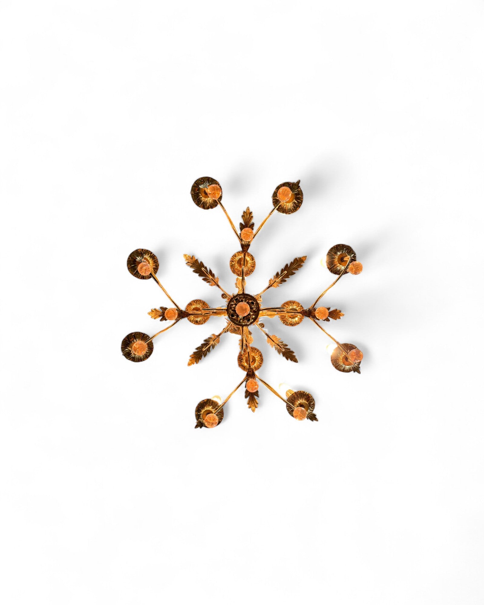 Italian Toleware Golden Chandelier with Murano Glass Droplets
