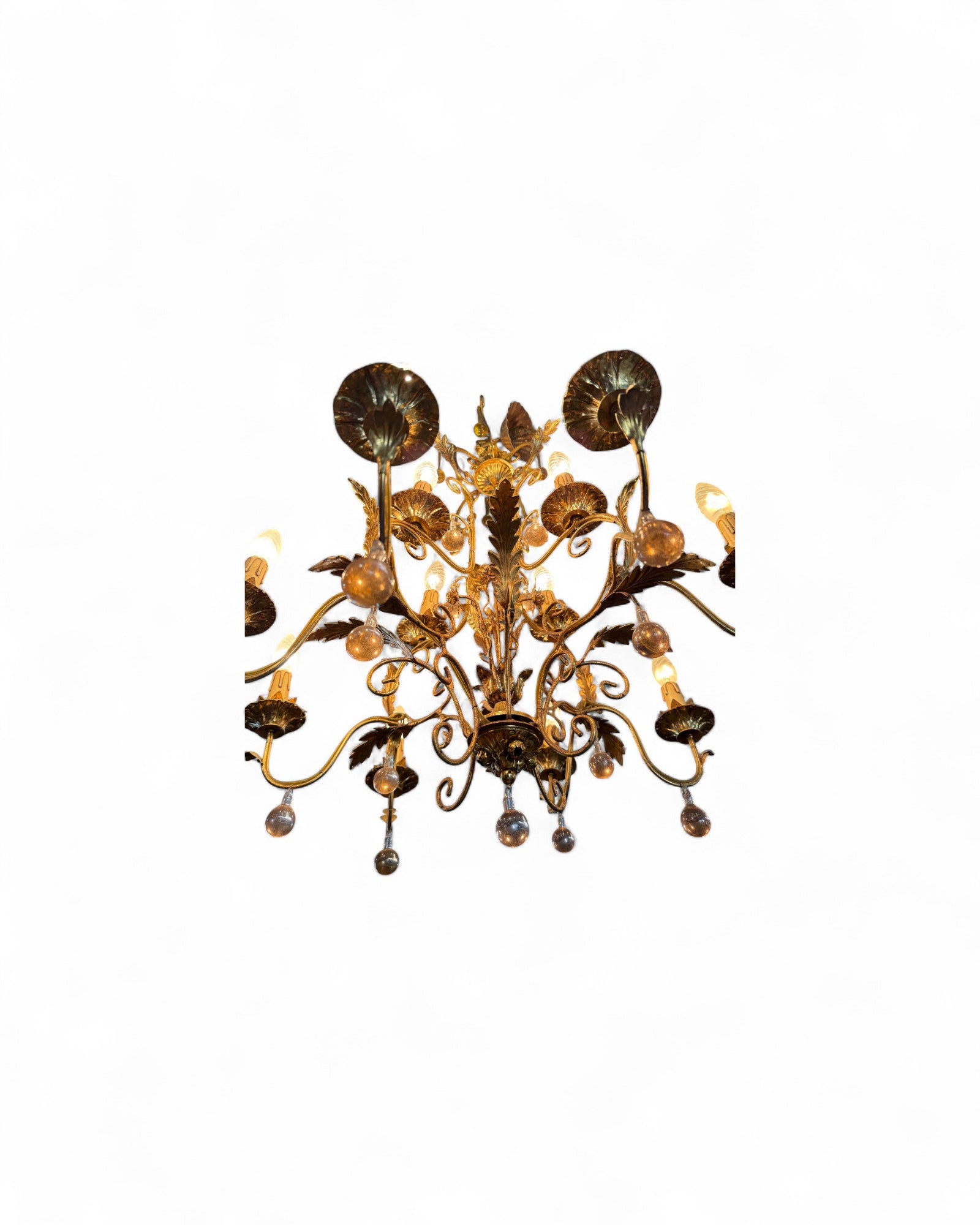 Italian Toleware Golden Chandelier with Murano Glass Droplets