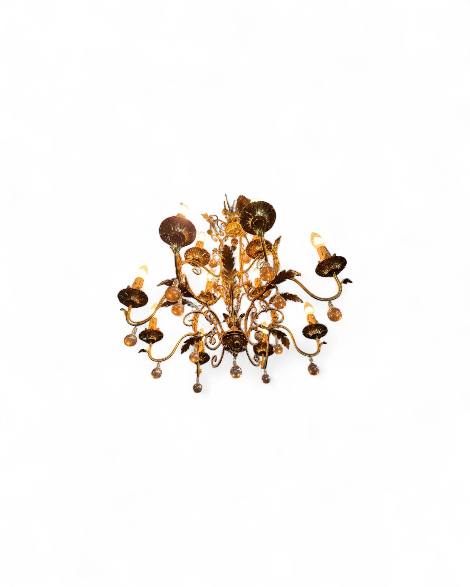 Italian Toleware Golden Chandelier with Murano Glass Droplets
