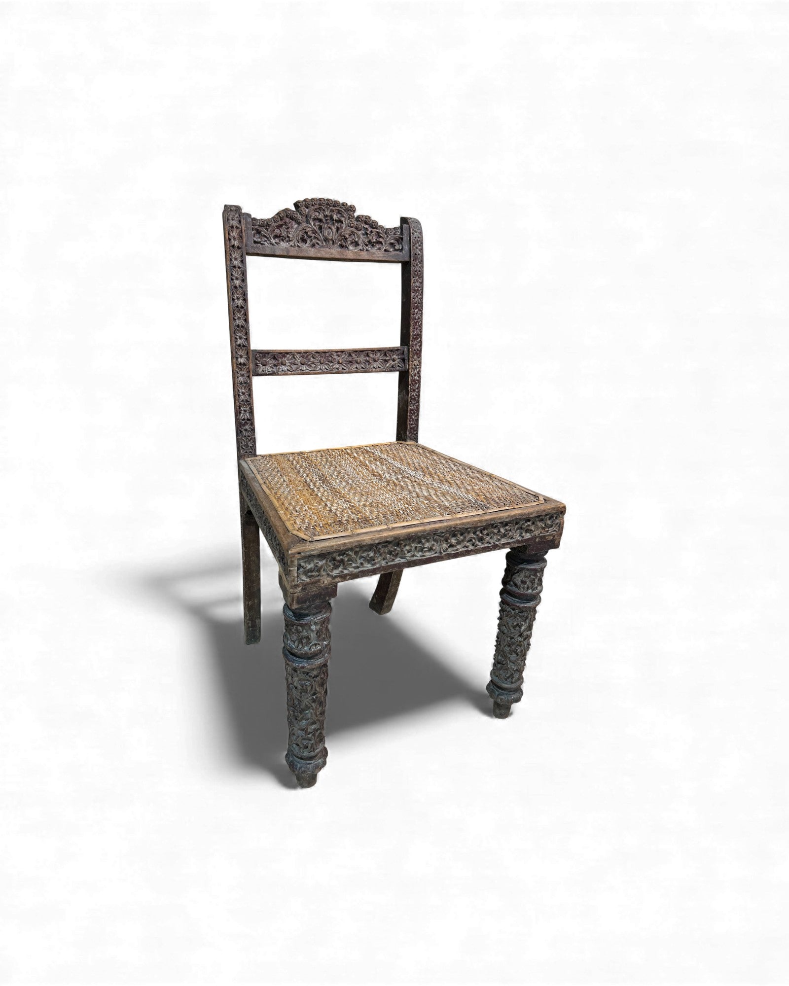 Burmese Lacquered Teak Carved Indian - Style Rattan Chair - Surround Living - 2