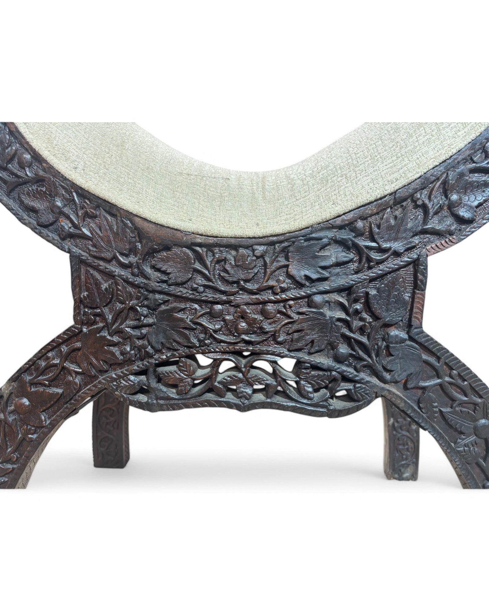 Anglo-Indian Teak Carved Window Seat with Cream Reupholstered Cushioning