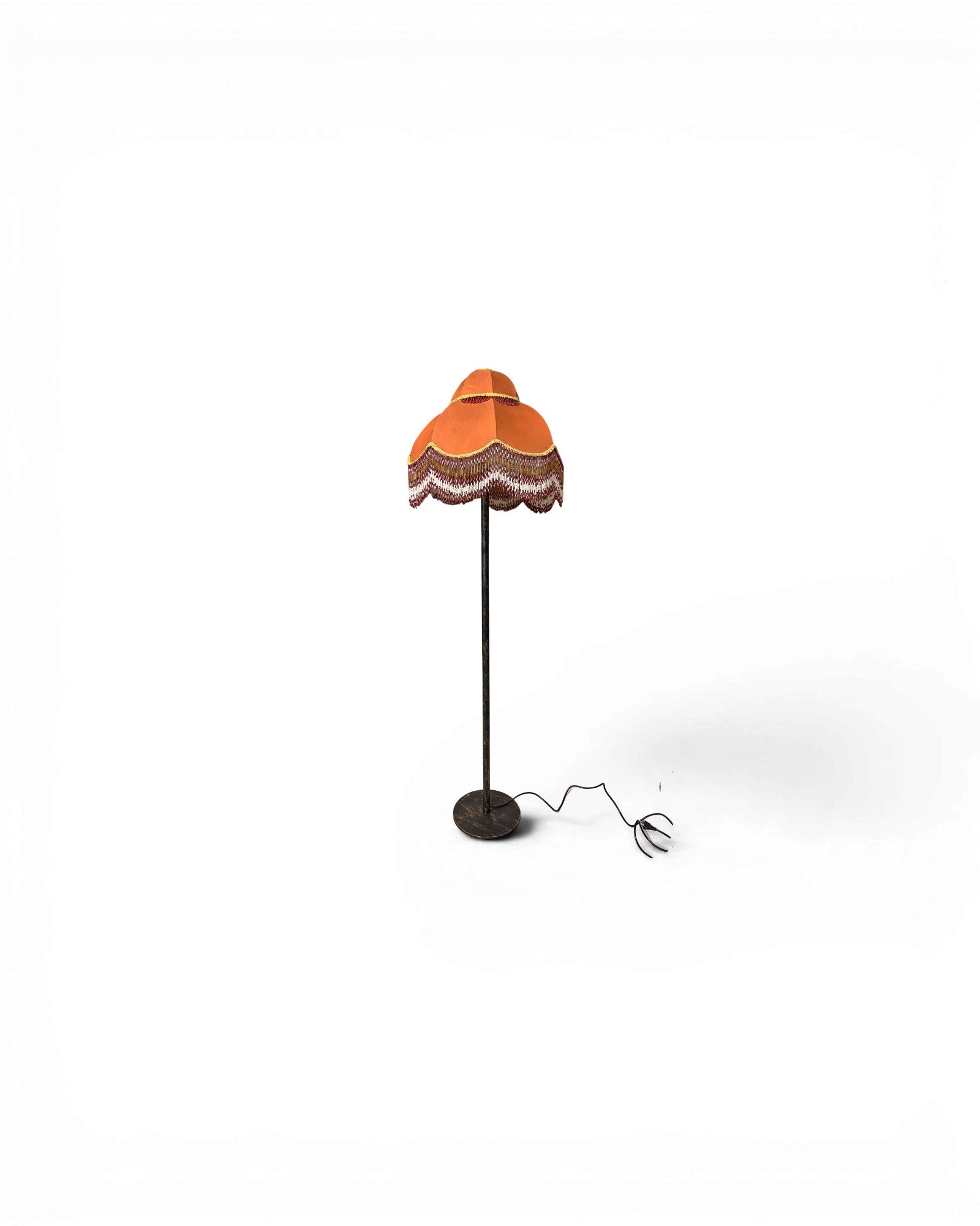 Vintage Floor Lamp with Bell-Shaped Orange Lampshade and Fringe Trim