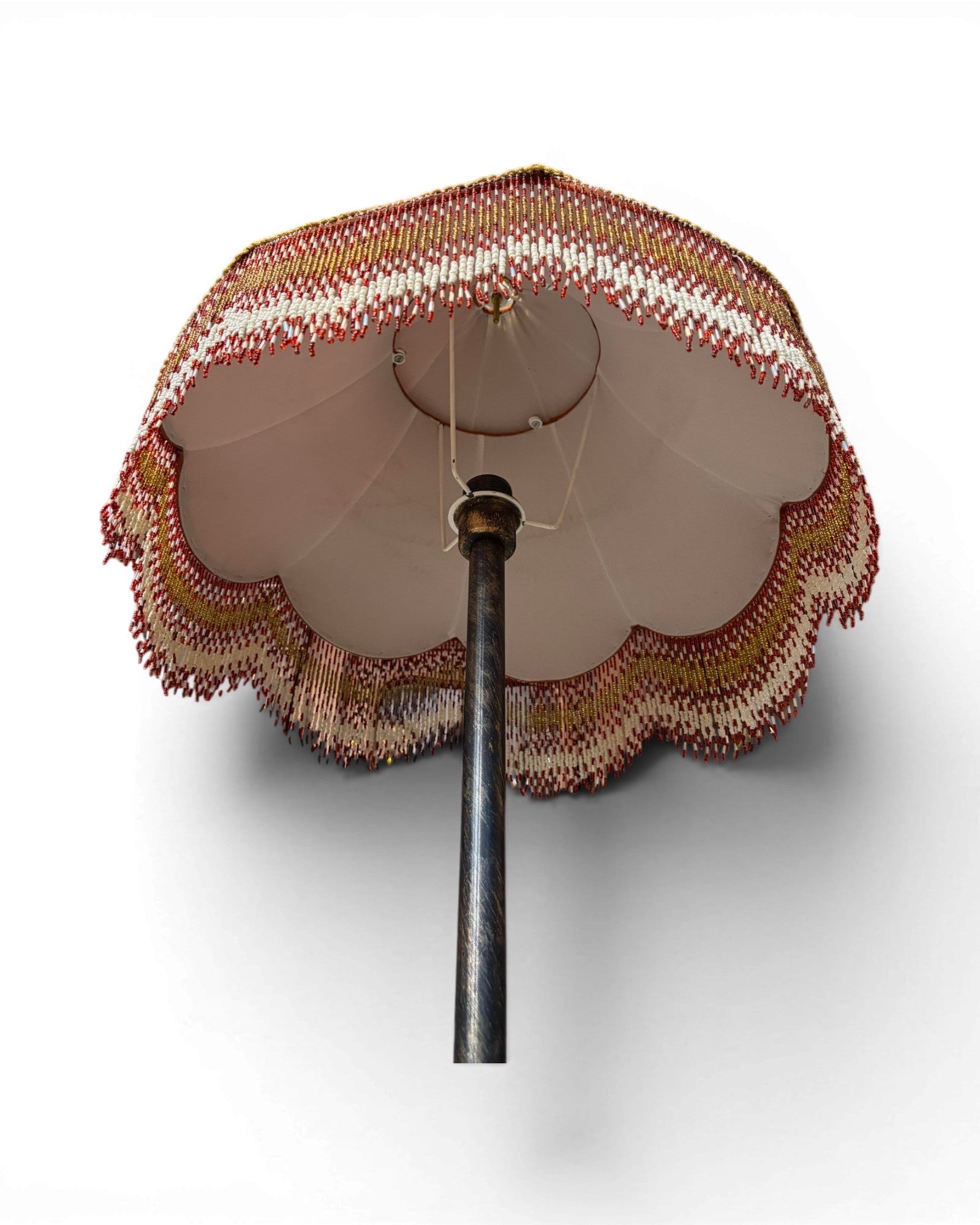Vintage Floor Lamp with Bell-Shaped Orange Lampshade and Fringe Trim