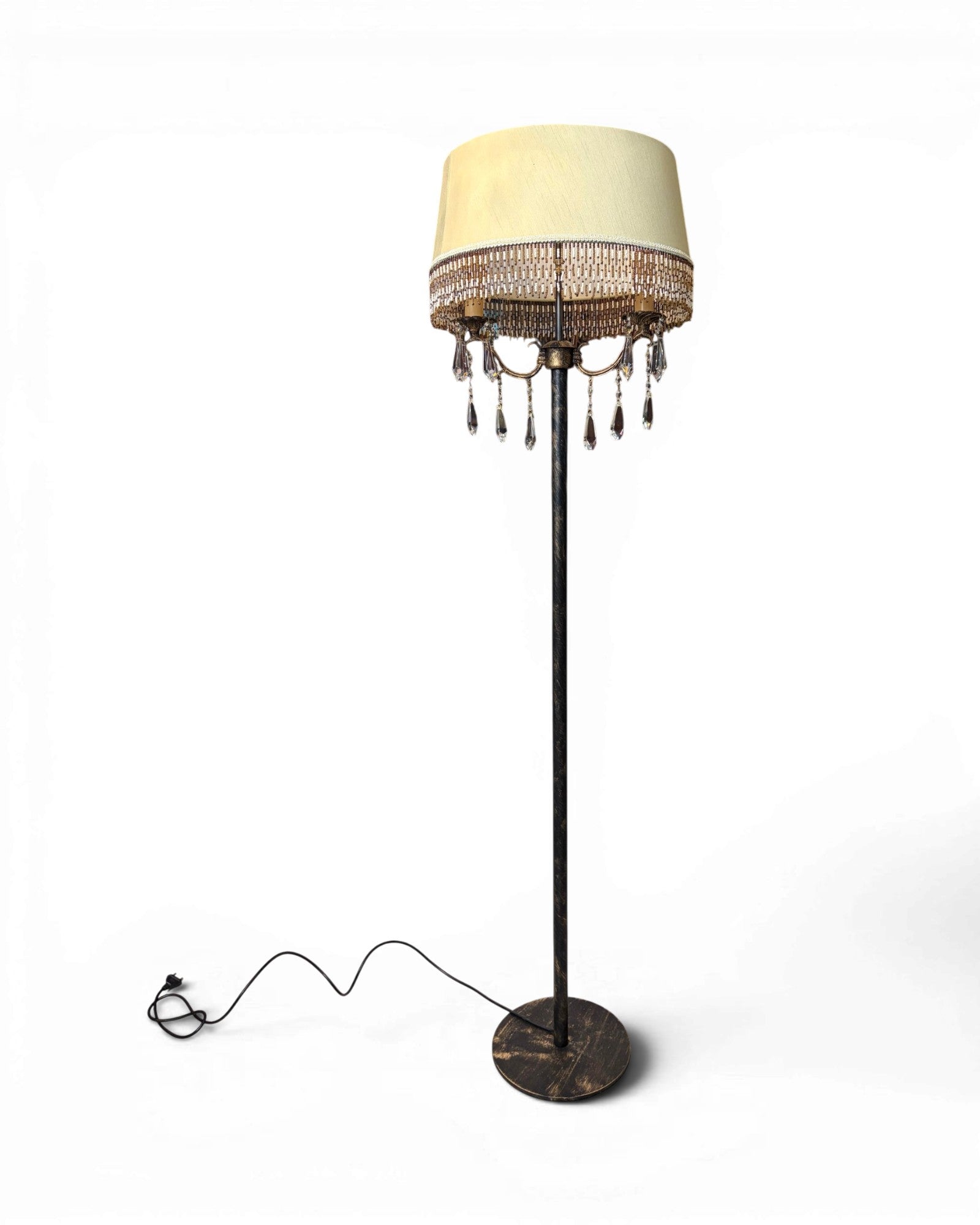 Vintage Floor Lamp with Cream-Colored Lampshade with Fringe Trim and Crystals - Surround Living - 2