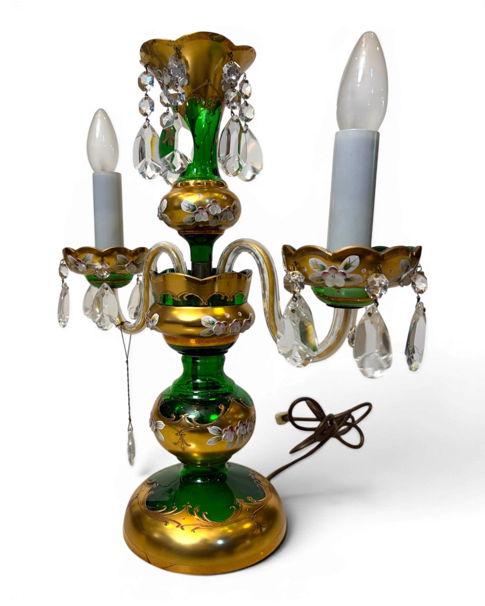 Two-arm Emerald Colored Bohemian Table Lamp