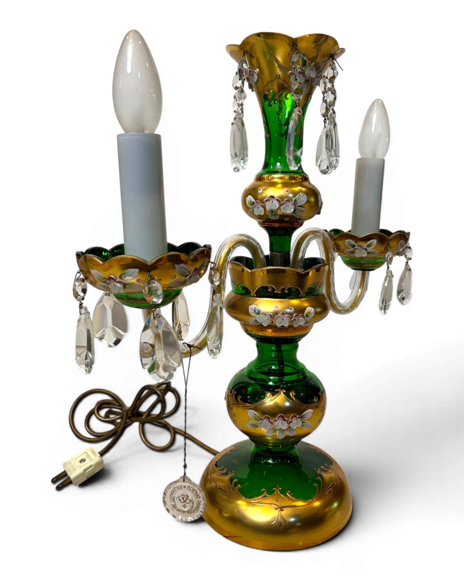 Two-arm Emerald Colored Bohemian Table Lamp