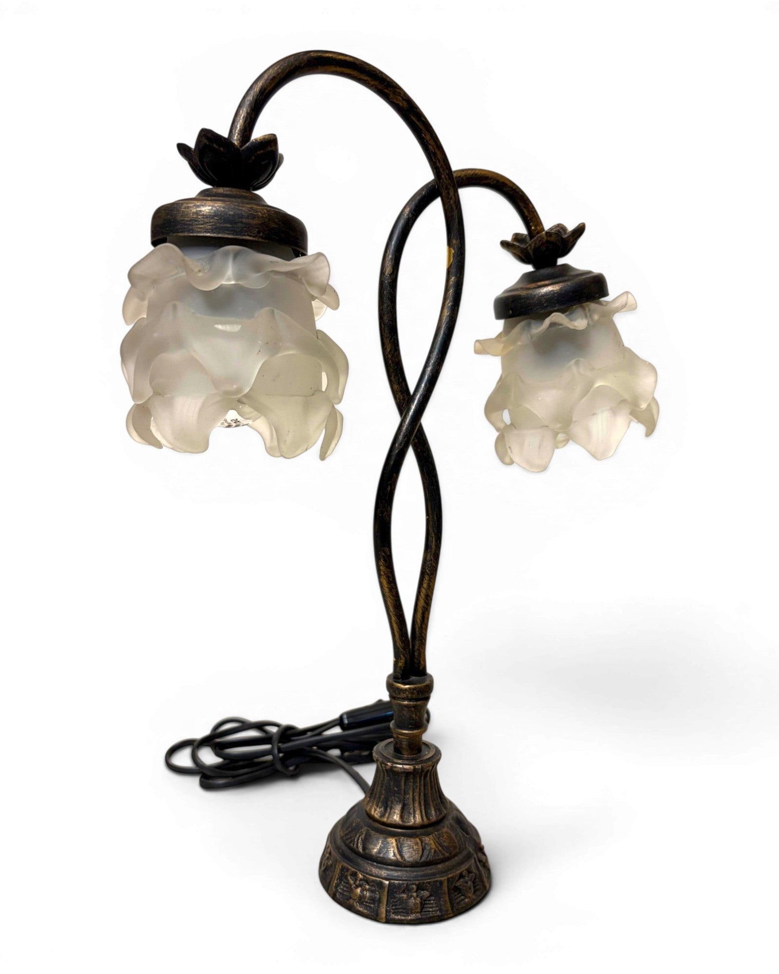 Vintage Table Lamp with Intertwining Arms and Two Frosted, Ruffled Glass Shades