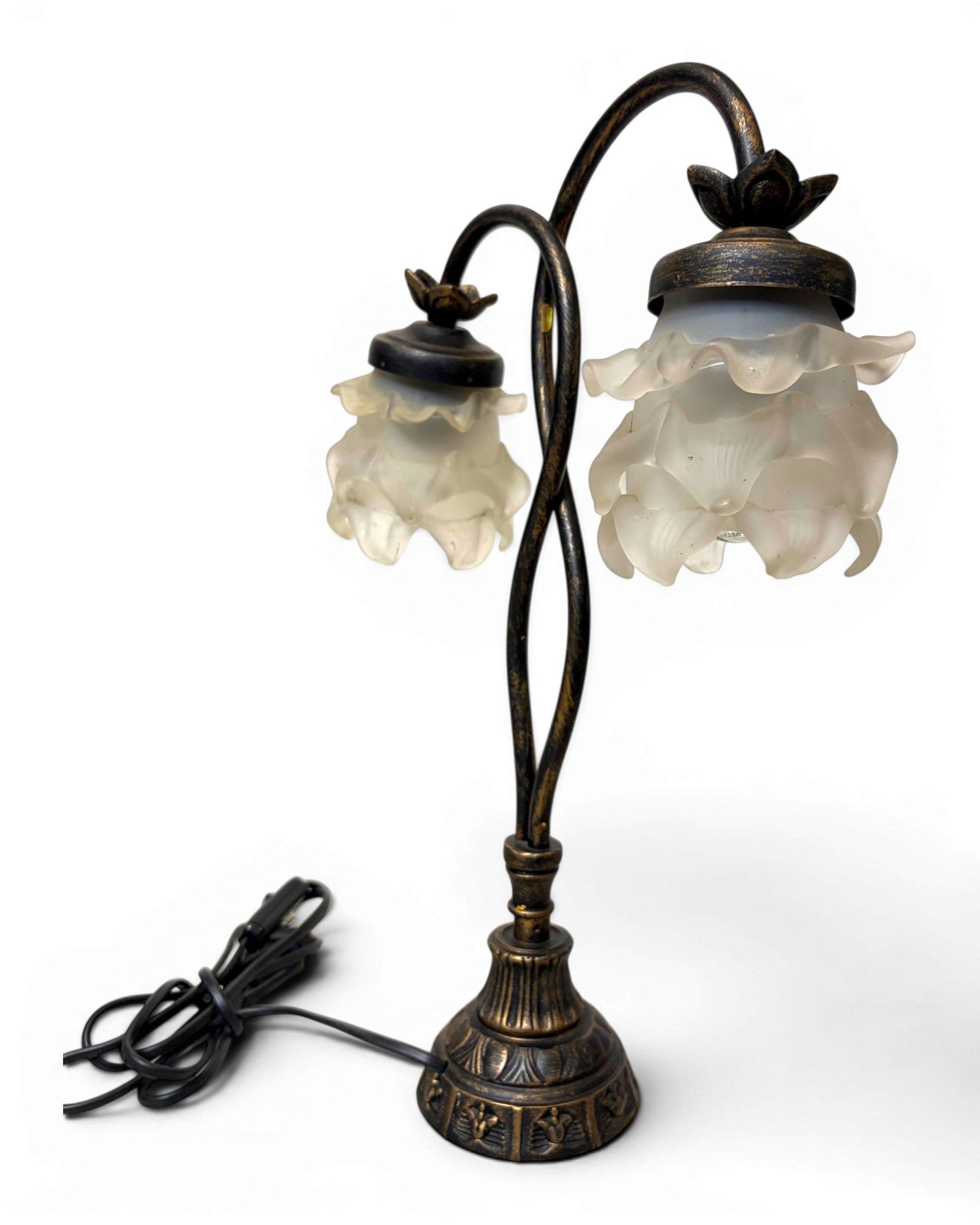 Vintage Table Lamp with Intertwining Arms and Two Frosted, Ruffled Glass Shades