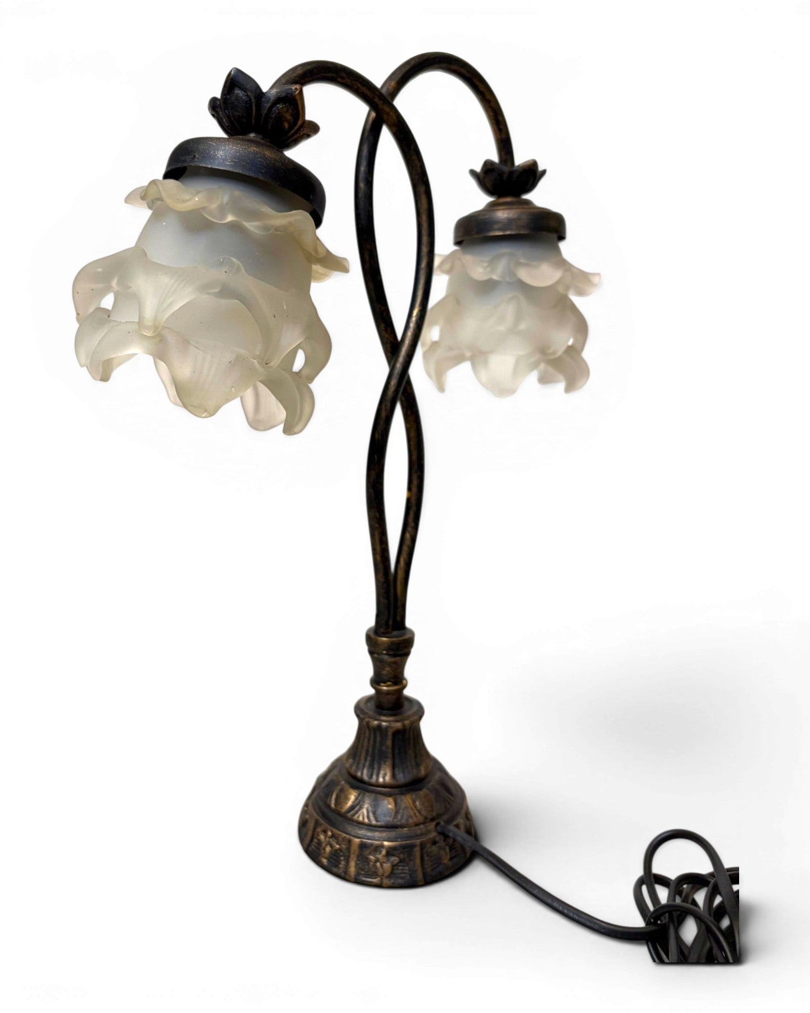 Vintage Table Lamp with Intertwining Arms and Two Frosted, Ruffled Glass Shades