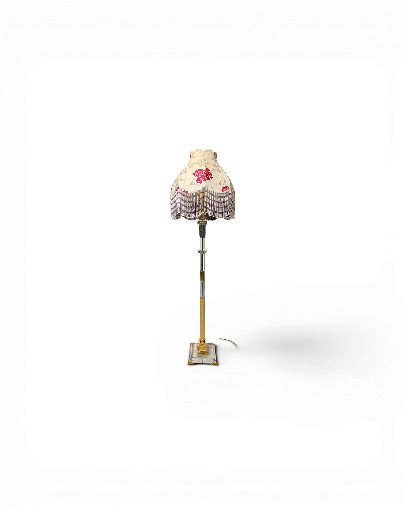 Brass and Glass Column Floor Lamp with Cream-Colored Floral Motifs Lampshade with Fringe Trim. - Surround Living - 1
