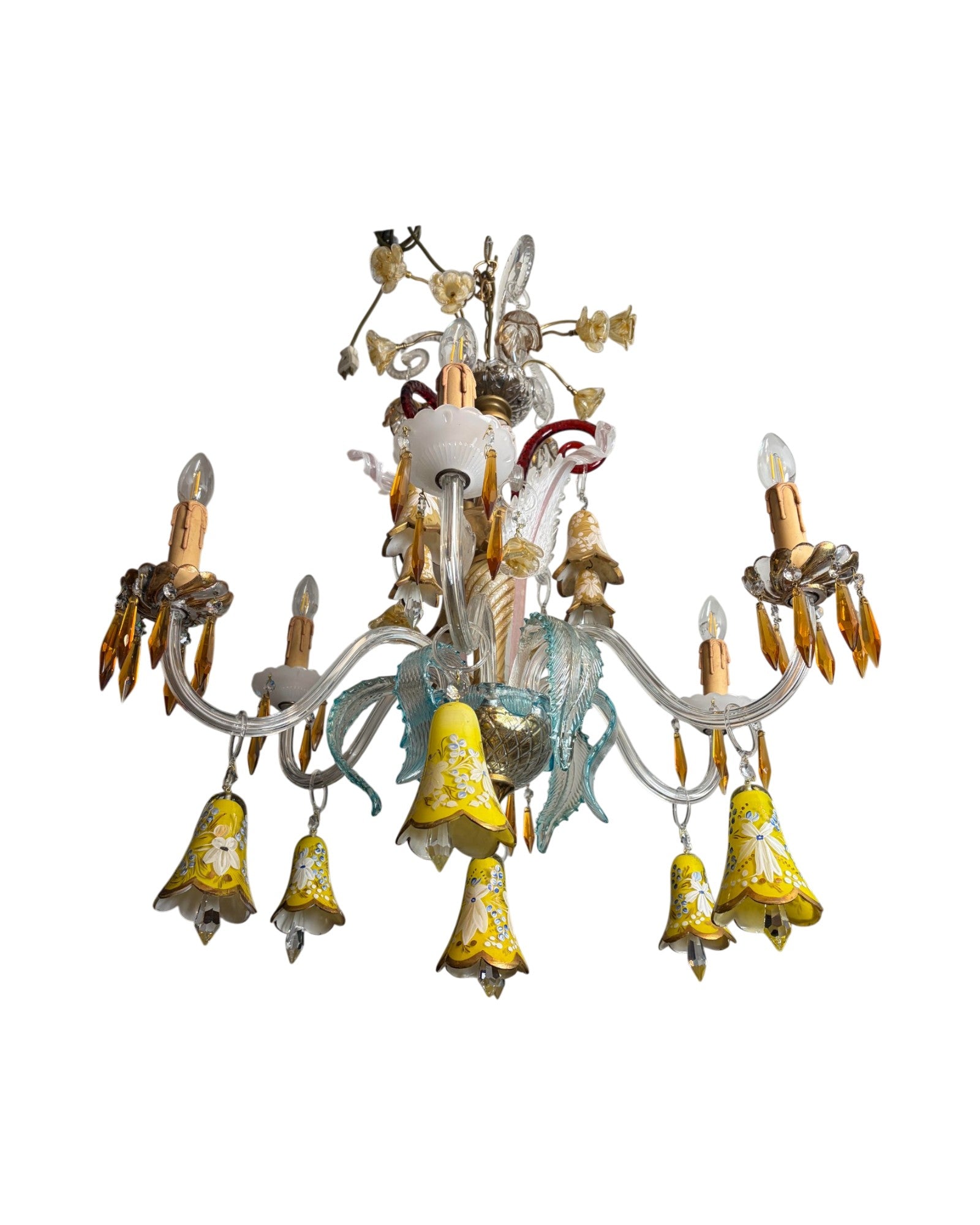 6-Arm Murano Chandelier with Yellow Flowers and Bell-Shaped Glasses