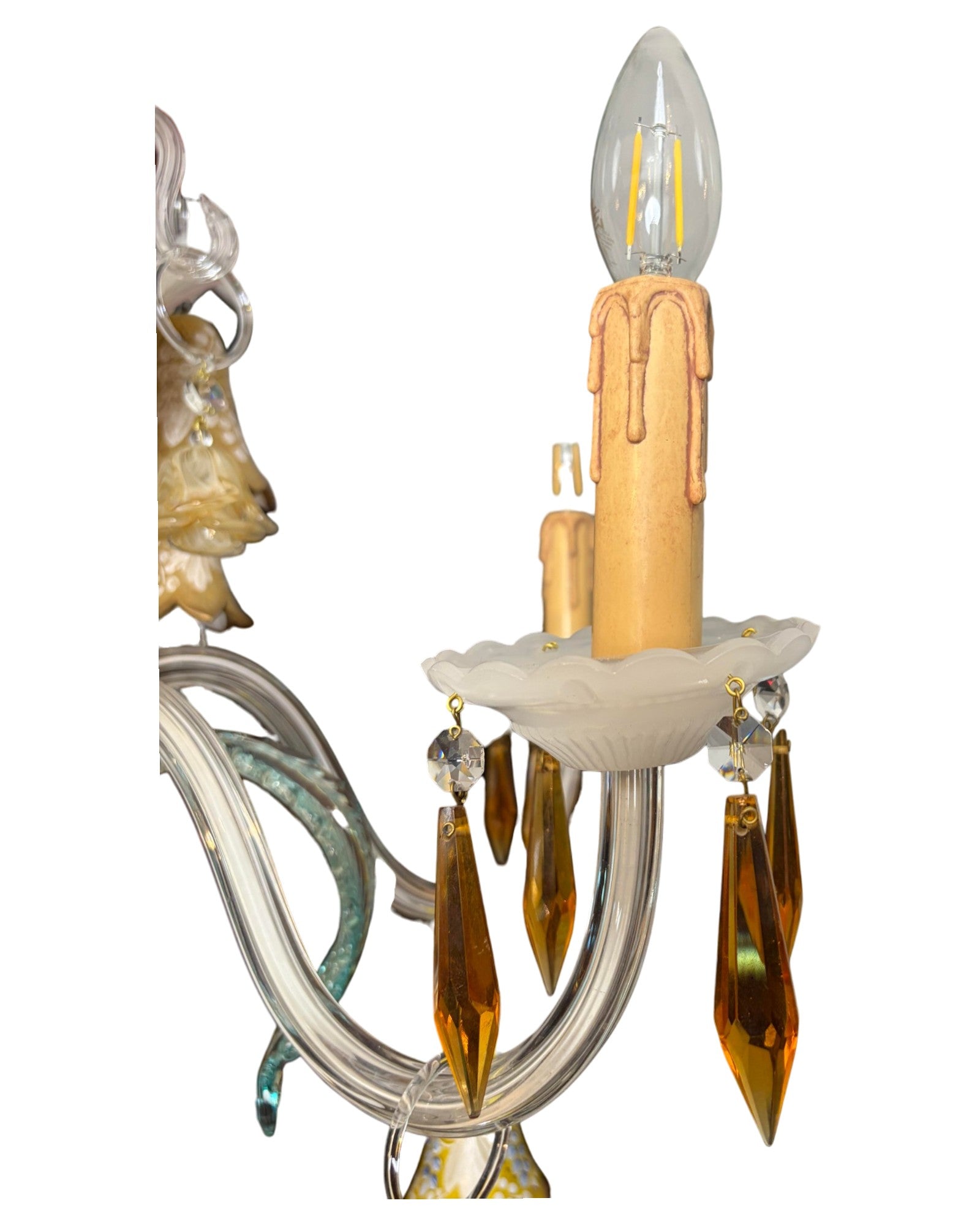 6-Arm Murano Chandelier with Yellow Flowers and Bell-Shaped Glasses