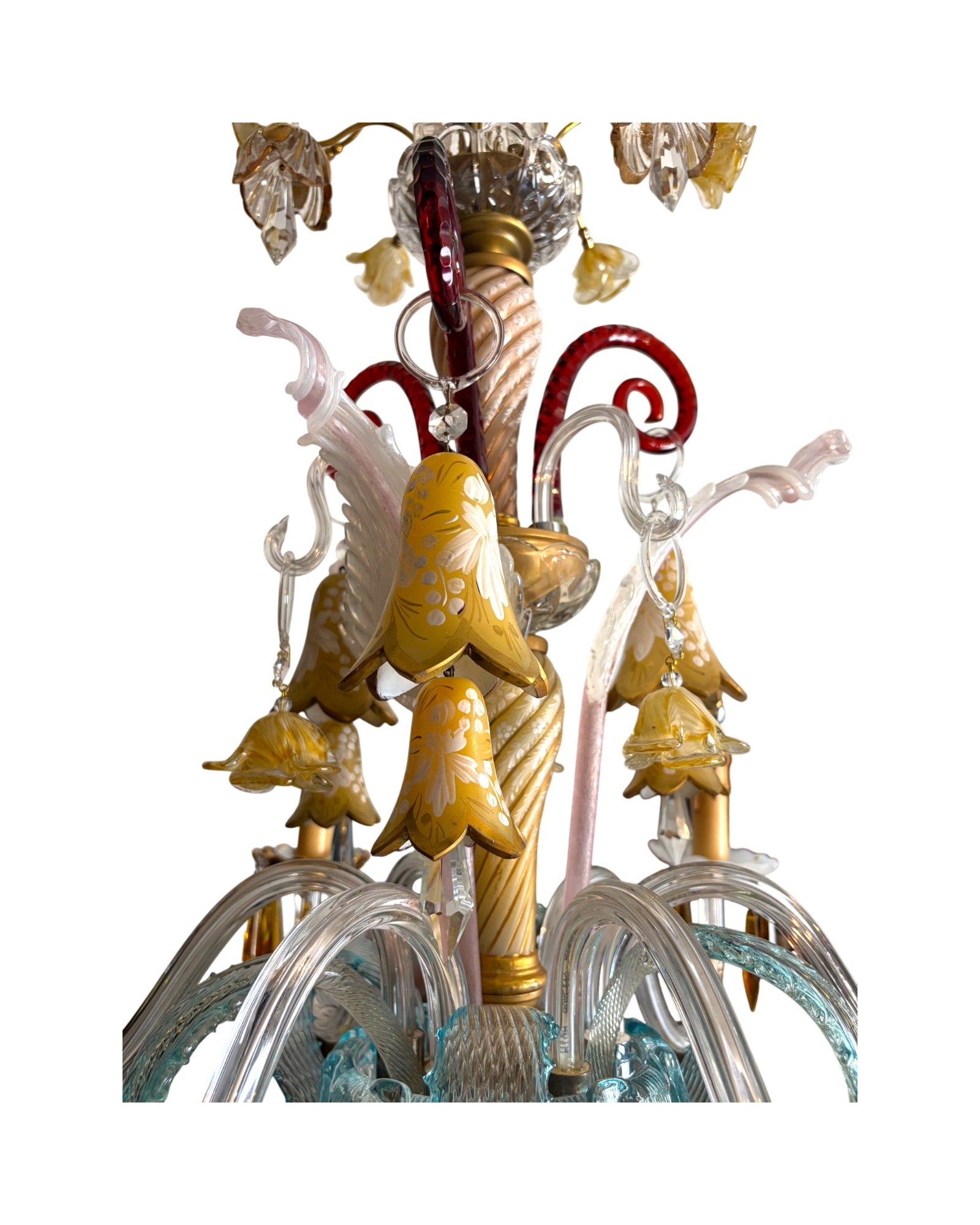 6-Arm Murano Chandelier with Yellow Flowers and Bell-Shaped Glasses