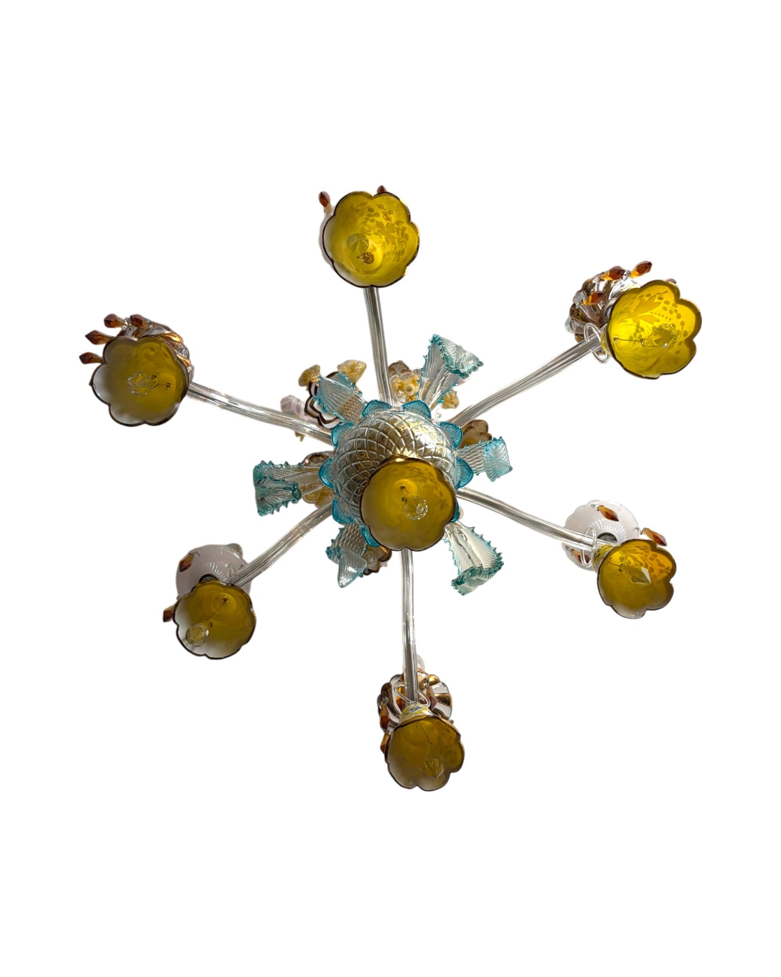 6-Arm Murano Chandelier with Yellow Flowers and Bell-Shaped Glasses