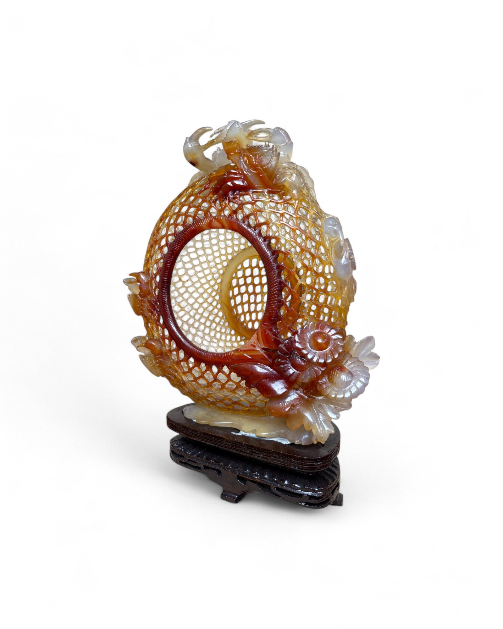 Chinese Carved Red Agate “Openwork Basket” Sculpture with Crabs & Floral Motifs