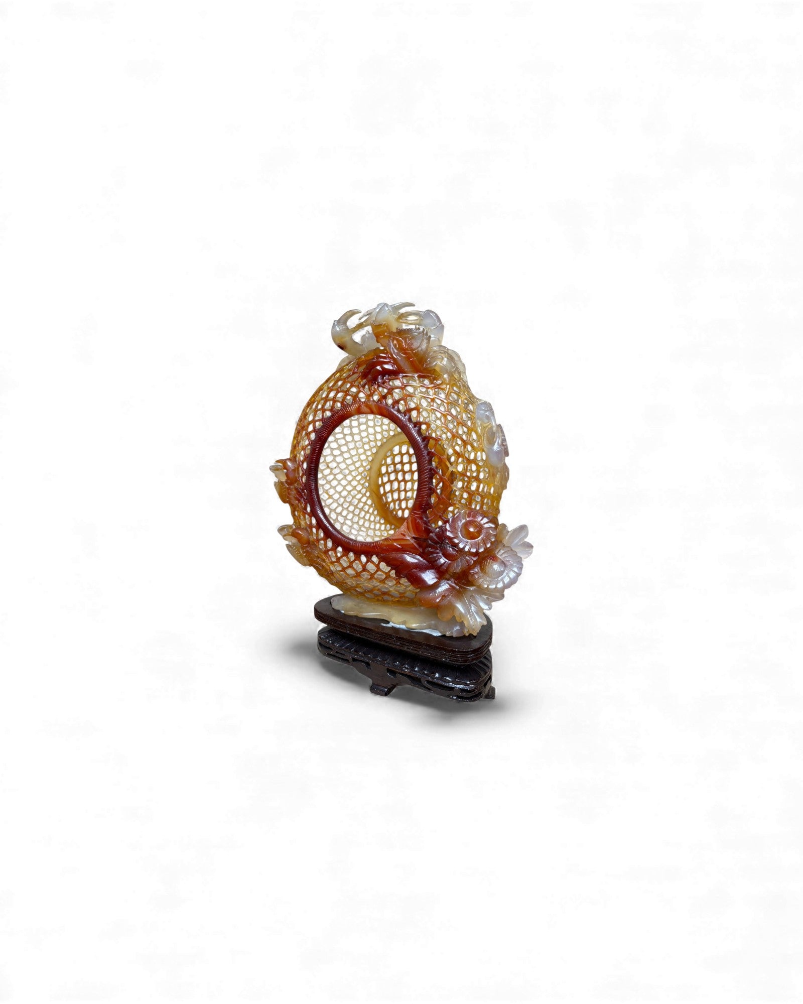 Chinese Carved Red Agate “Openwork Basket” Sculpture with Crabs & Floral Motifs