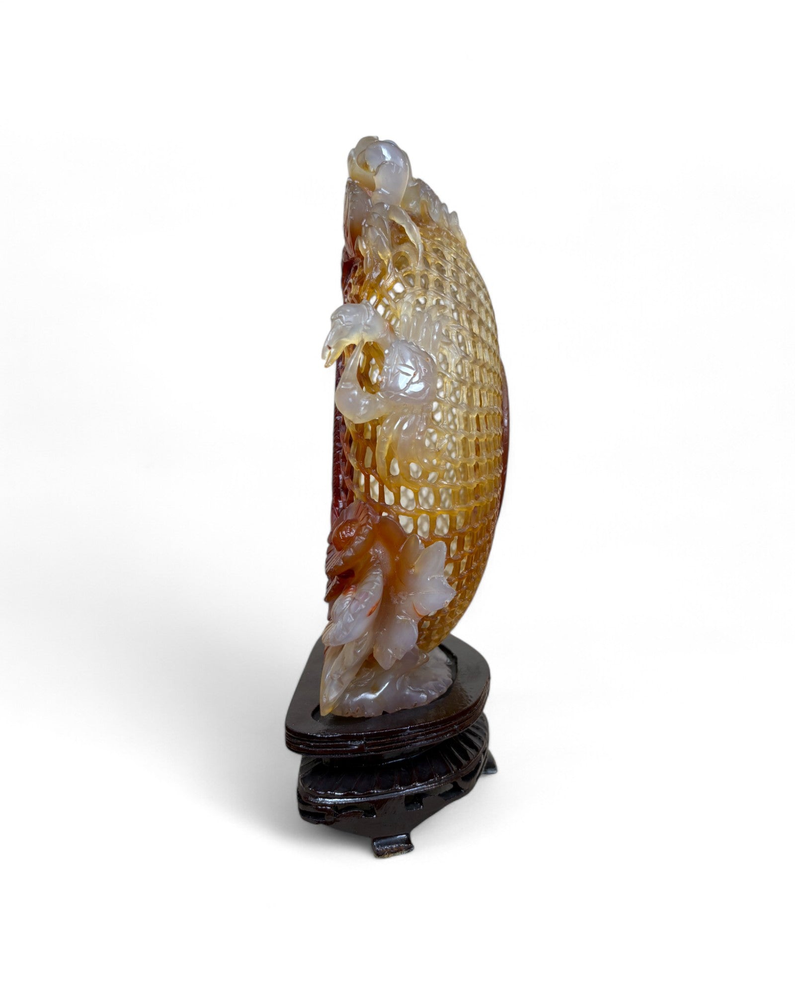 Chinese Carved Red Agate “Openwork Basket” Sculpture with Crabs & Floral Motifs