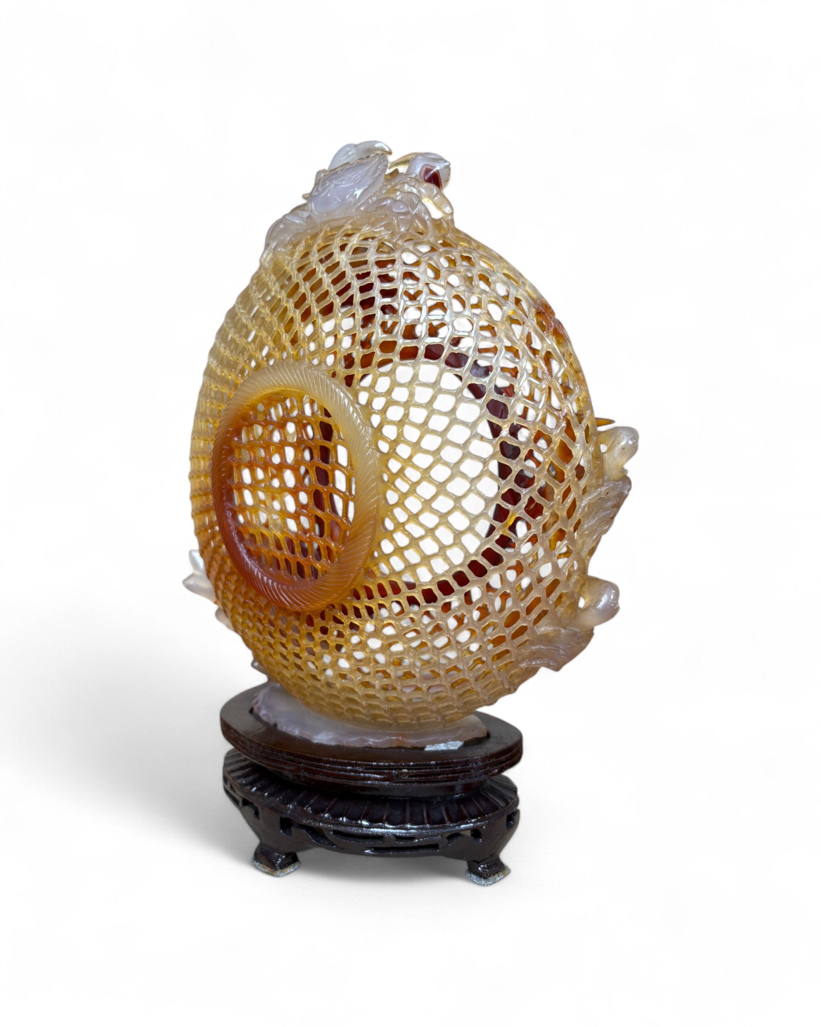 Chinese Carved Red Agate “Openwork Basket” Sculpture with Crabs & Floral Motifs