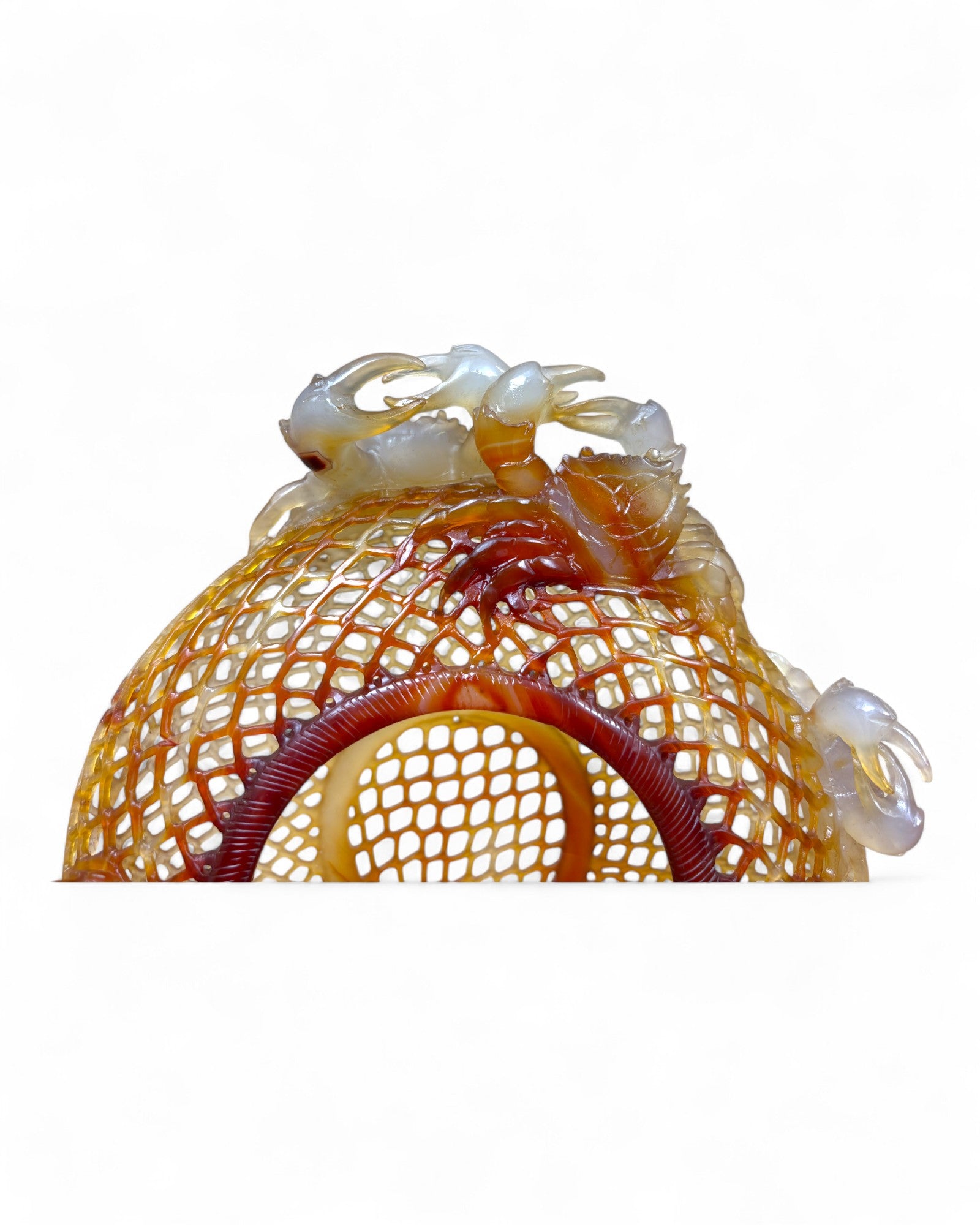Chinese Carved Red Agate “Openwork Basket” Sculpture with Crabs & Floral Motifs