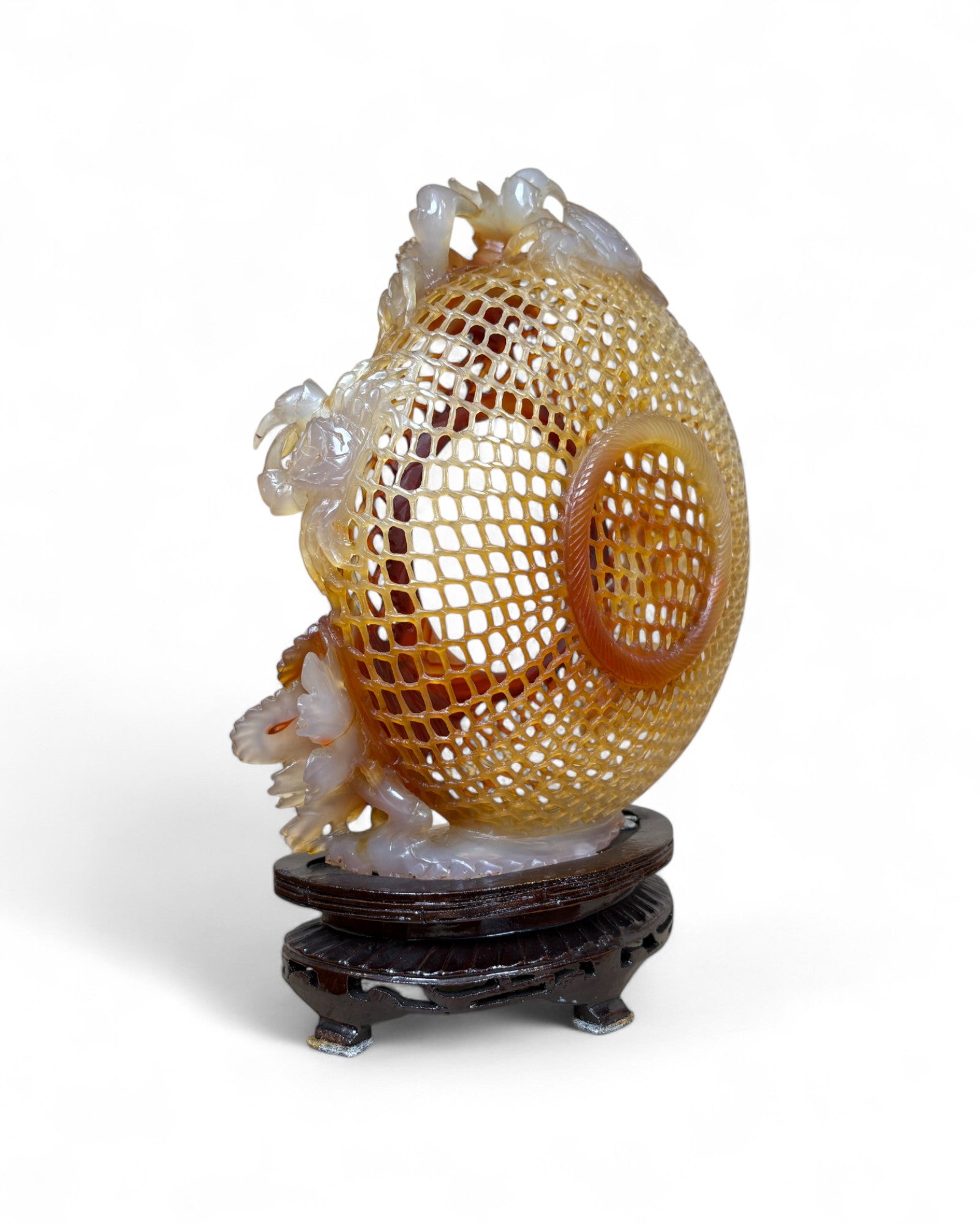 Chinese Carved Red Agate “Openwork Basket” Sculpture with Crabs & Floral Motifs
