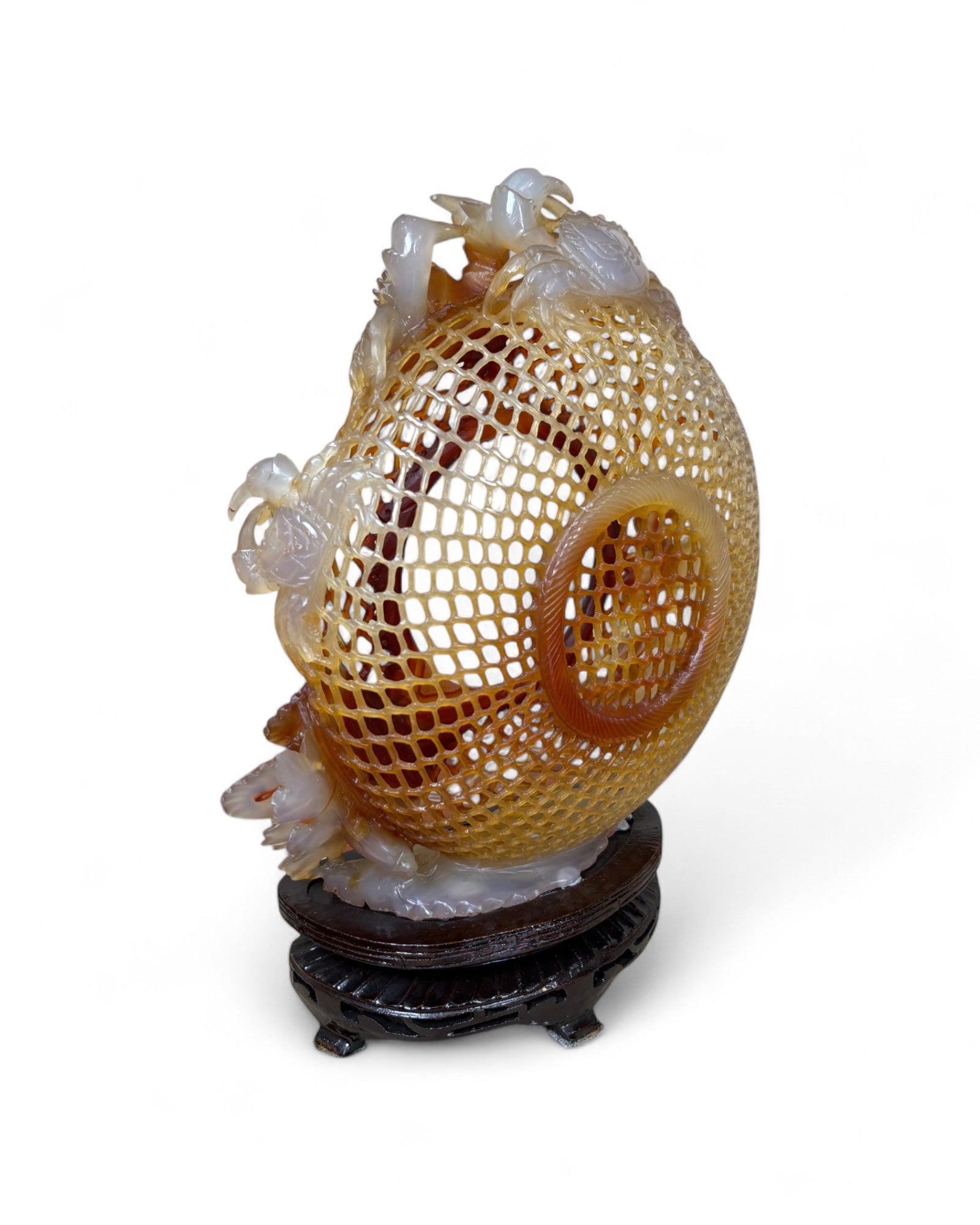 Chinese Carved Red Agate “Openwork Basket” Sculpture with Crabs & Floral Motifs