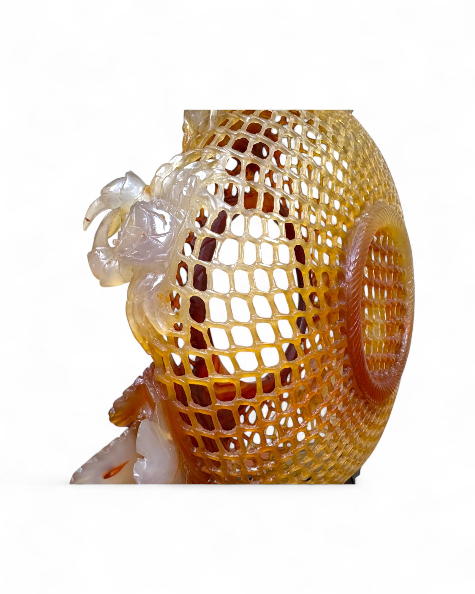 Chinese Carved Red Agate “Openwork Basket” Sculpture with Crabs & Floral Motifs