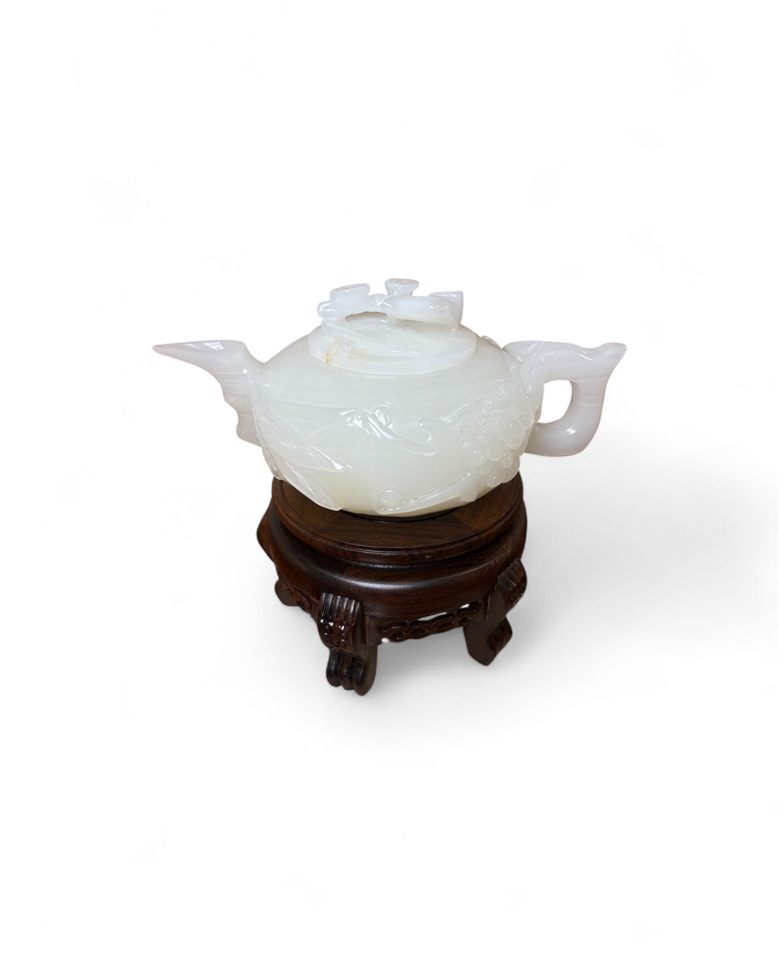 Chinese Carved White Jade Teapot with Floral Relief (with Stand)