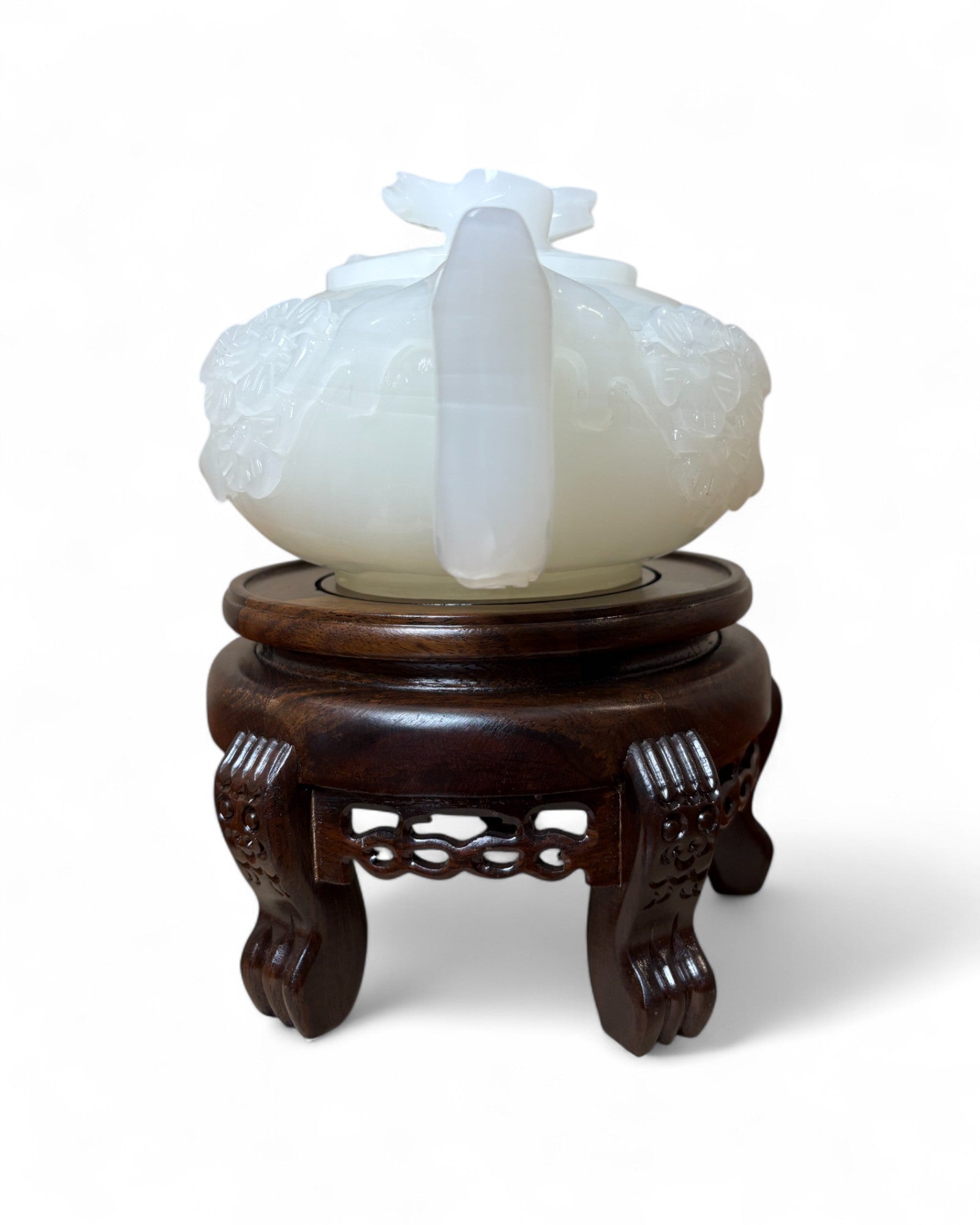 Chinese Carved White Jade Teapot with Floral Relief (with Stand)