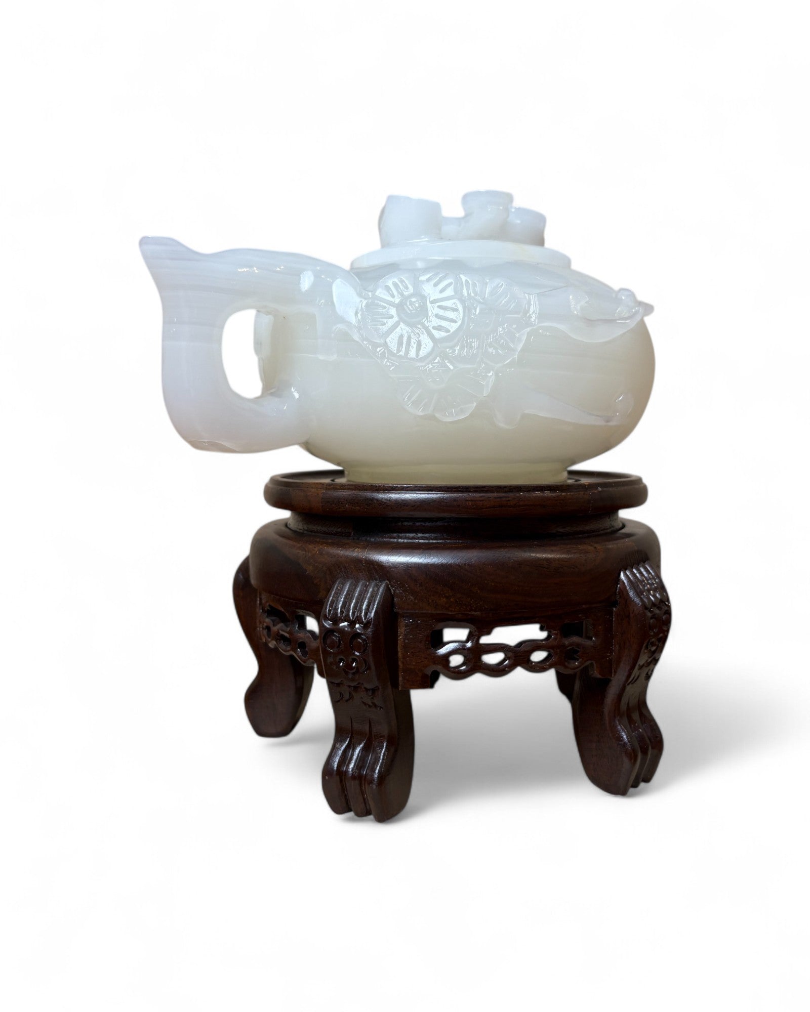 Chinese Carved White Jade Teapot with Floral Relief (with Stand)
