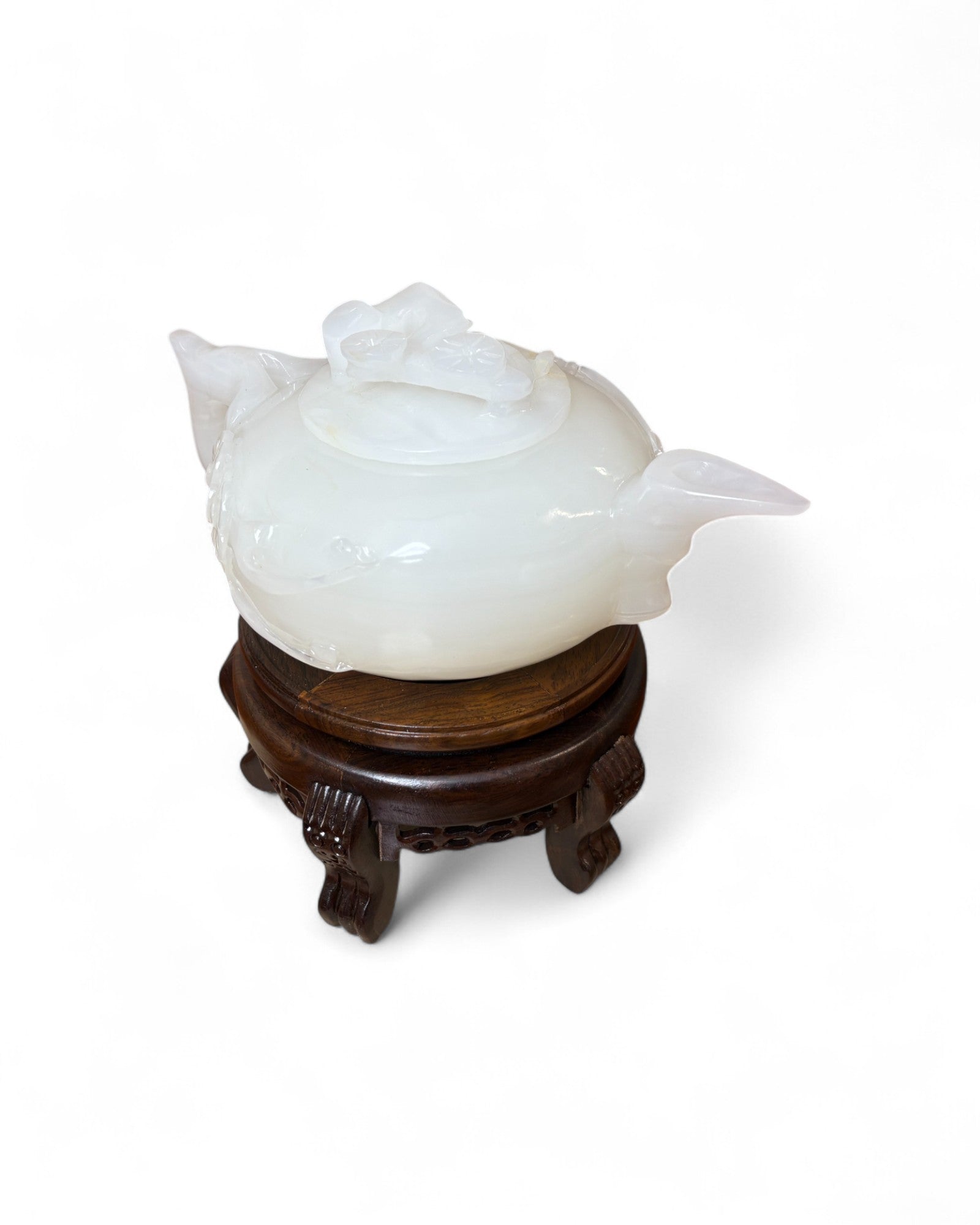 Chinese Carved White Jade Teapot with Floral Relief (with Stand)