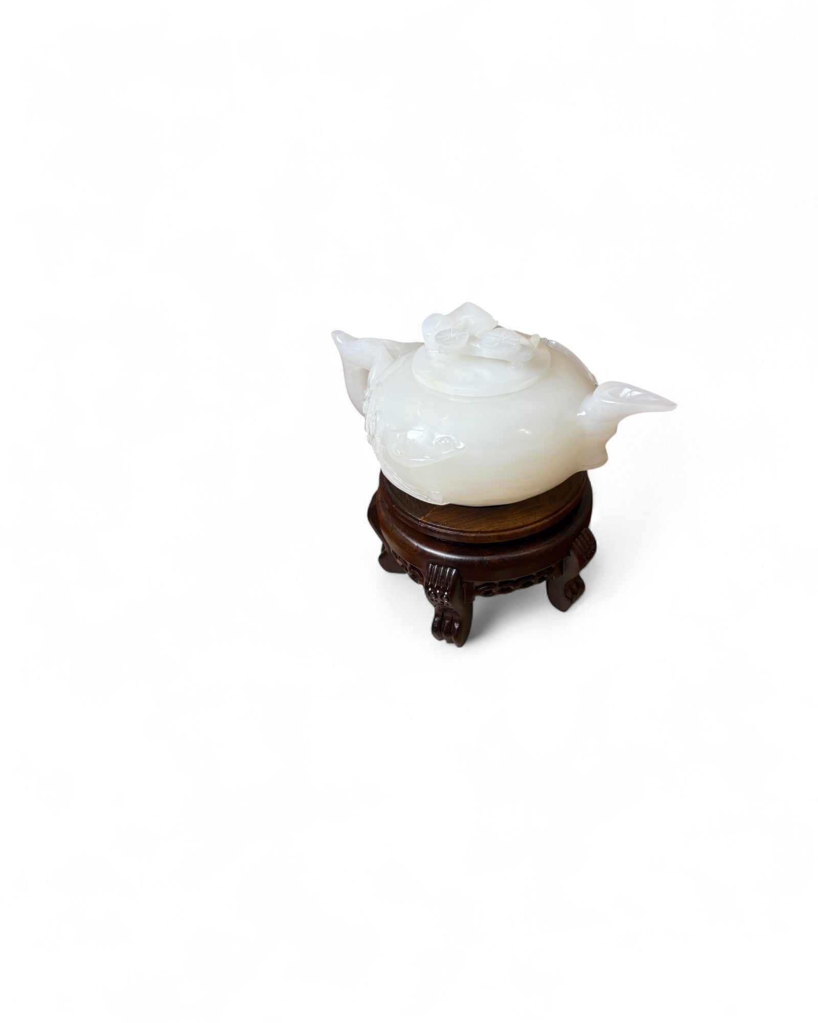 Chinese Carved White Jade Teapot with Floral Relief (with Stand)