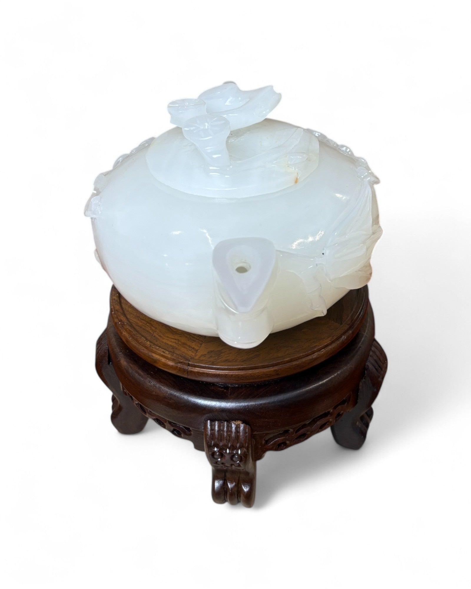 Chinese Carved White Jade Teapot with Floral Relief (with Stand)