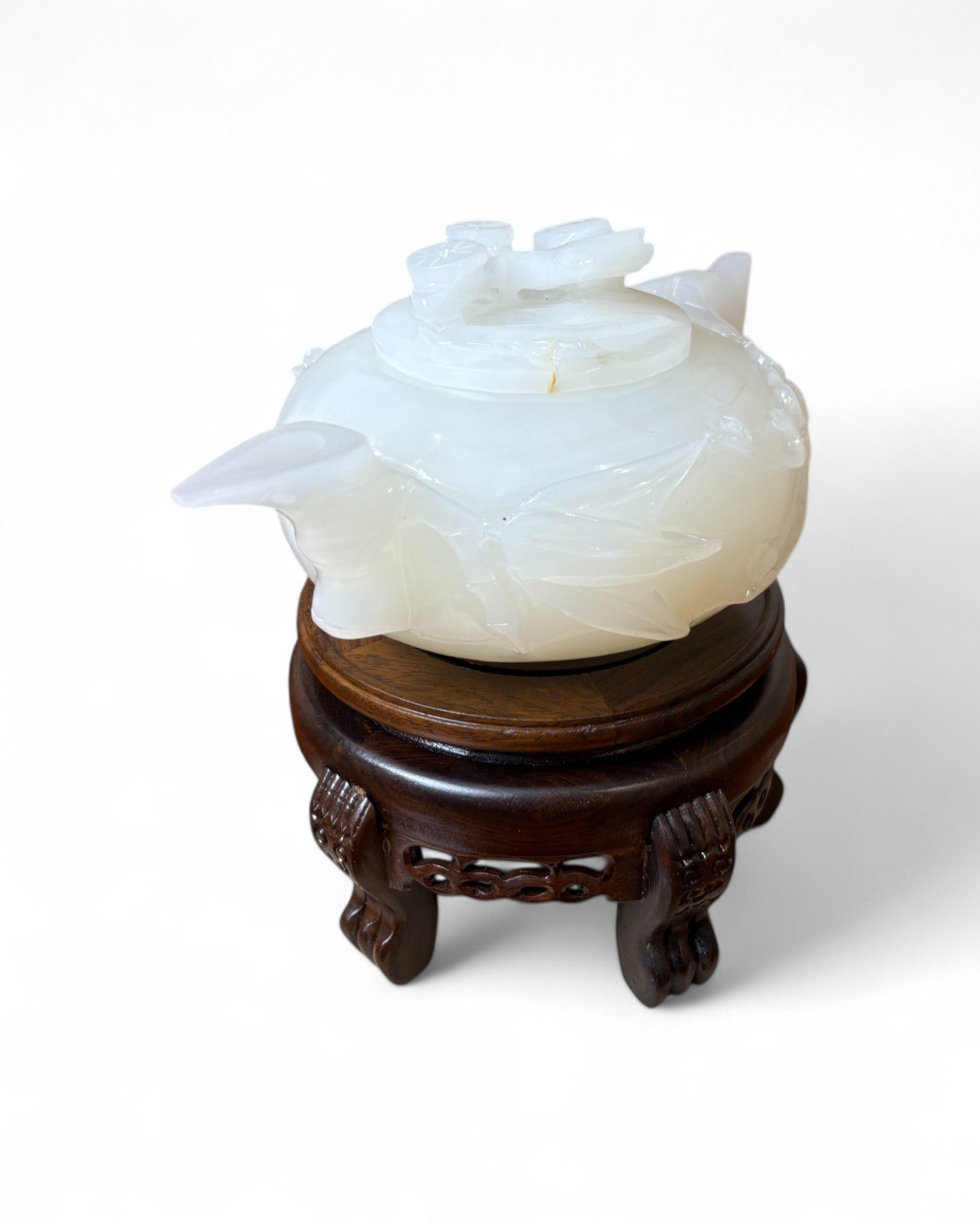 Chinese Carved White Jade Teapot with Floral Relief (with Stand)