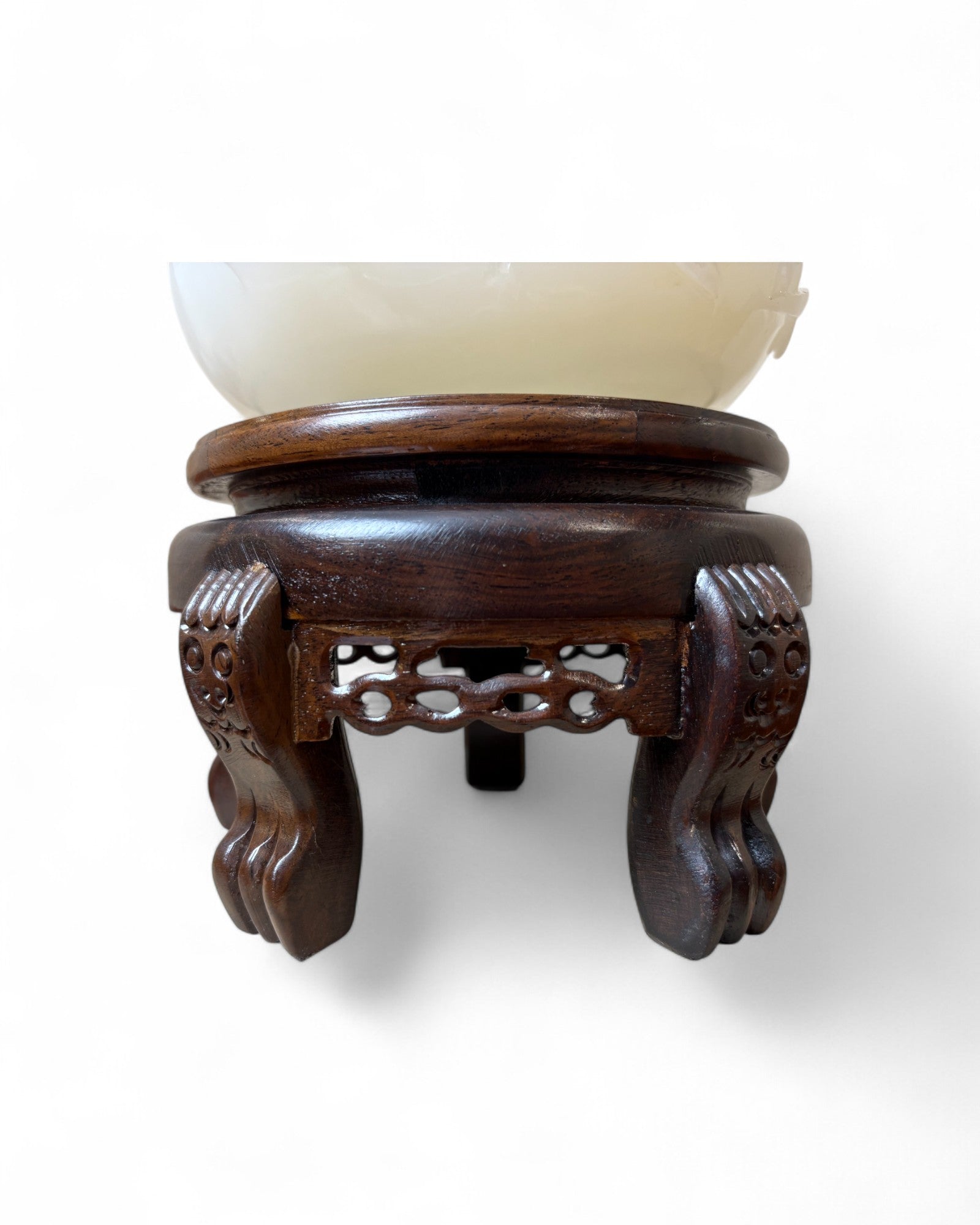 Chinese Carved White Jade Teapot with Floral Relief (with Stand)