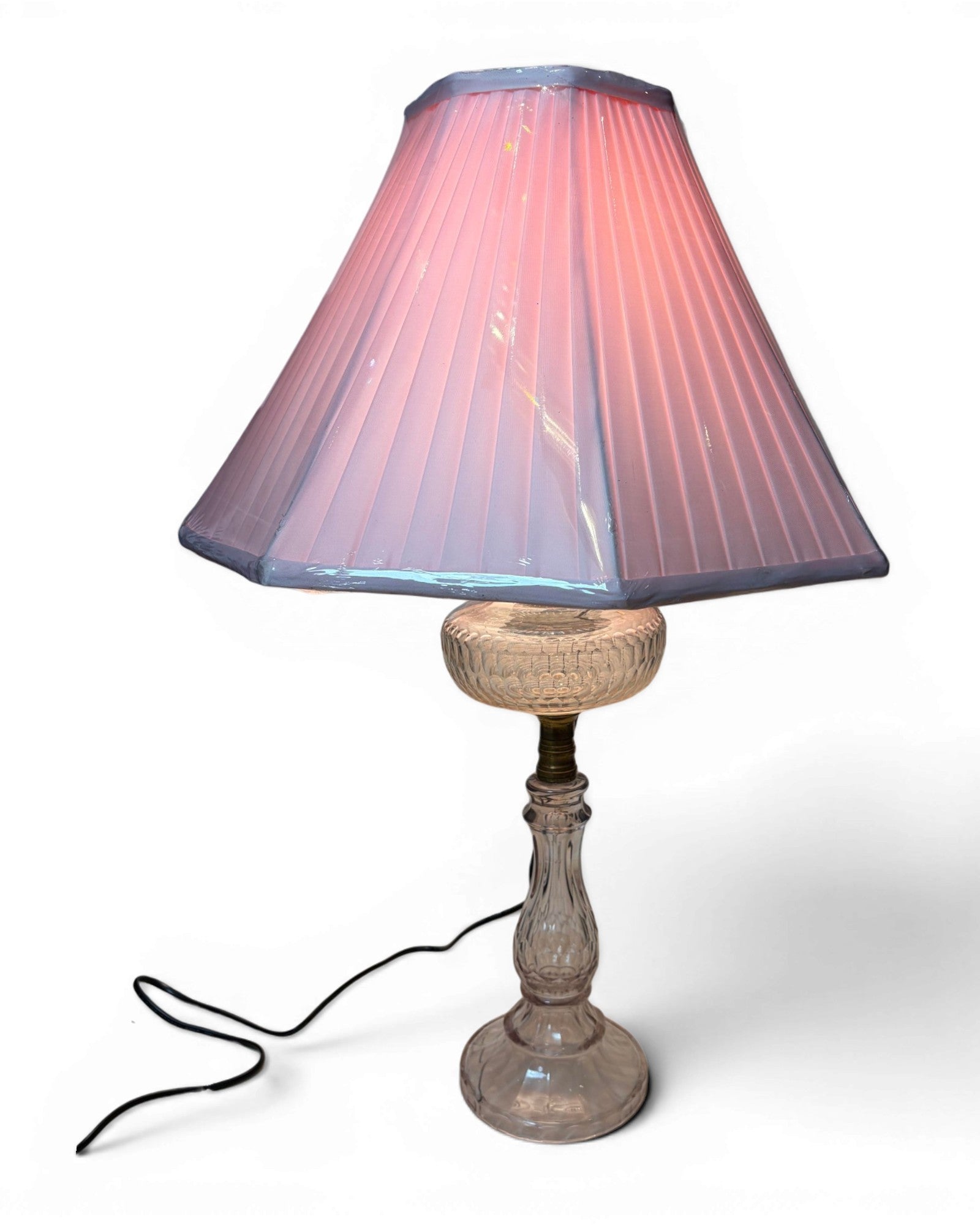 Vintage Clear Glass with Pleated Pink Shade Table Lamp
