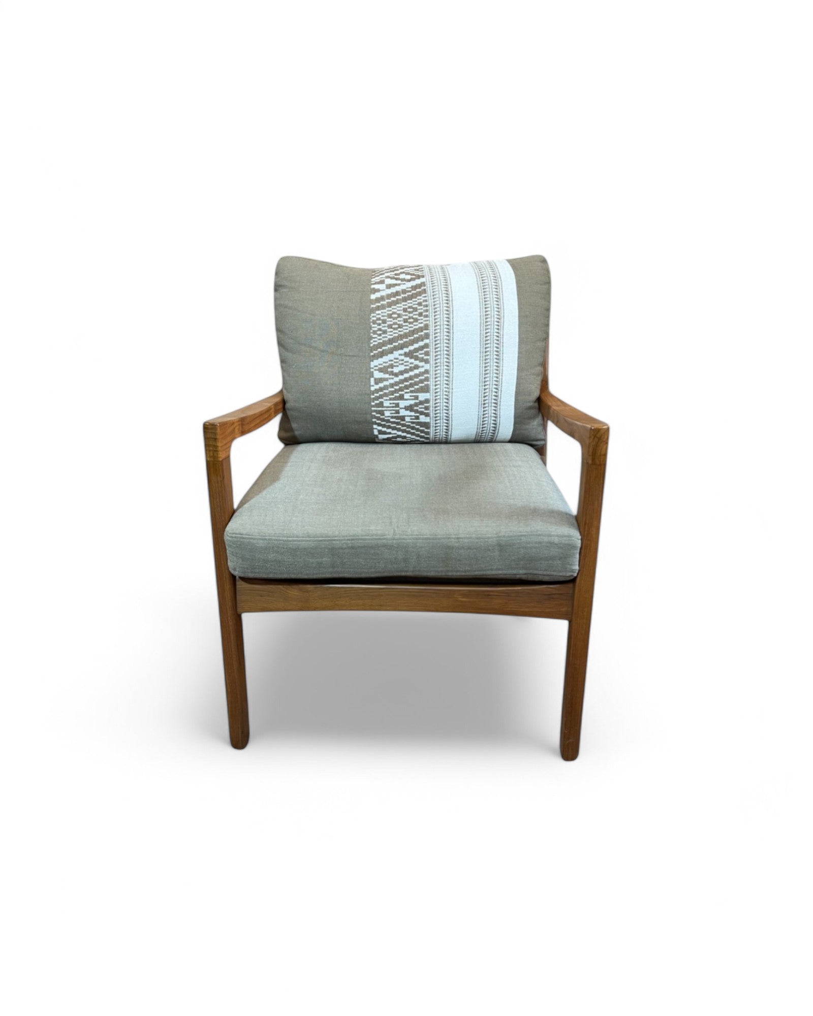Ikat Khaki Thai Weave Teak Wood Armchair