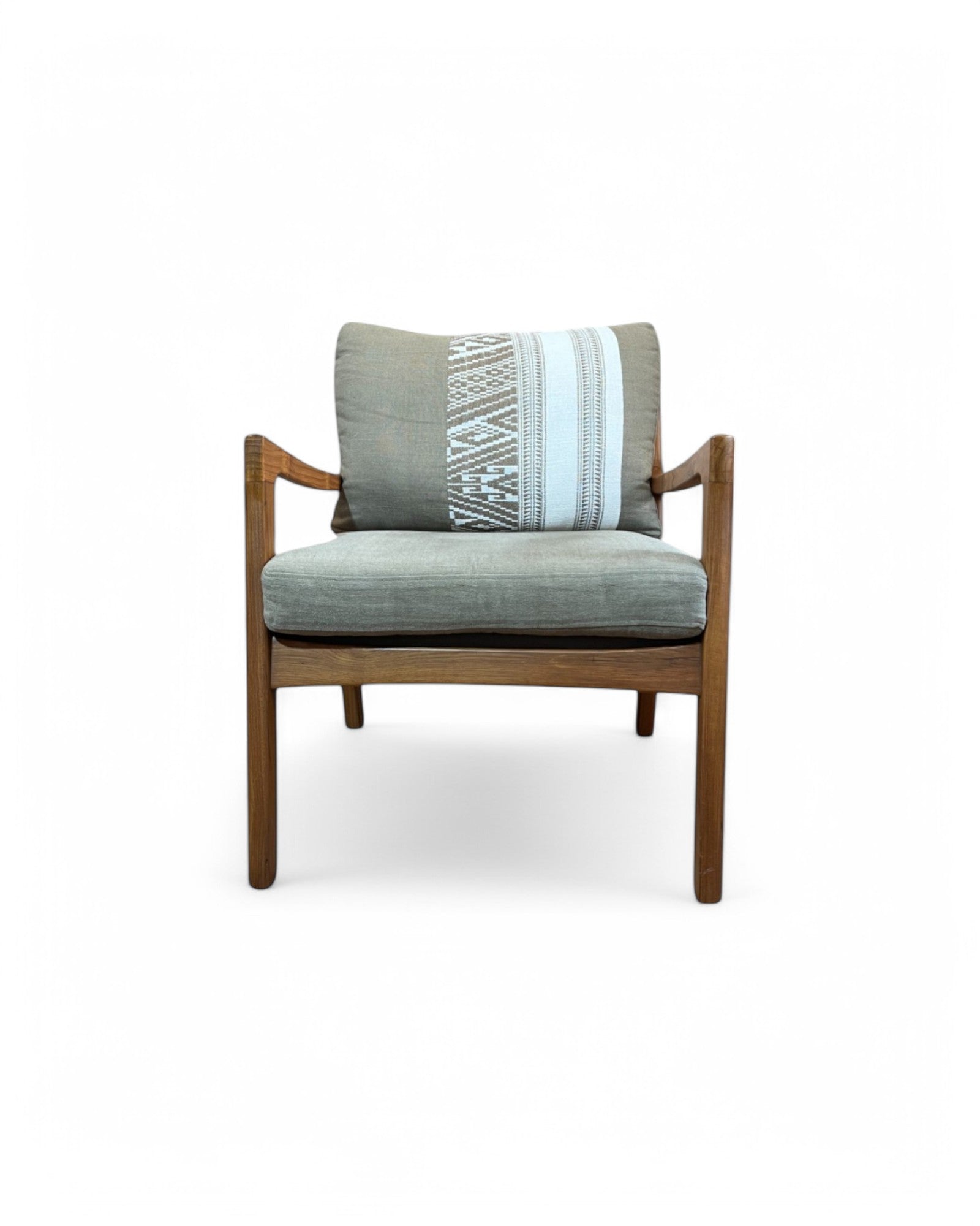 Ikat Khaki Thai Weave Teak Wood Armchair