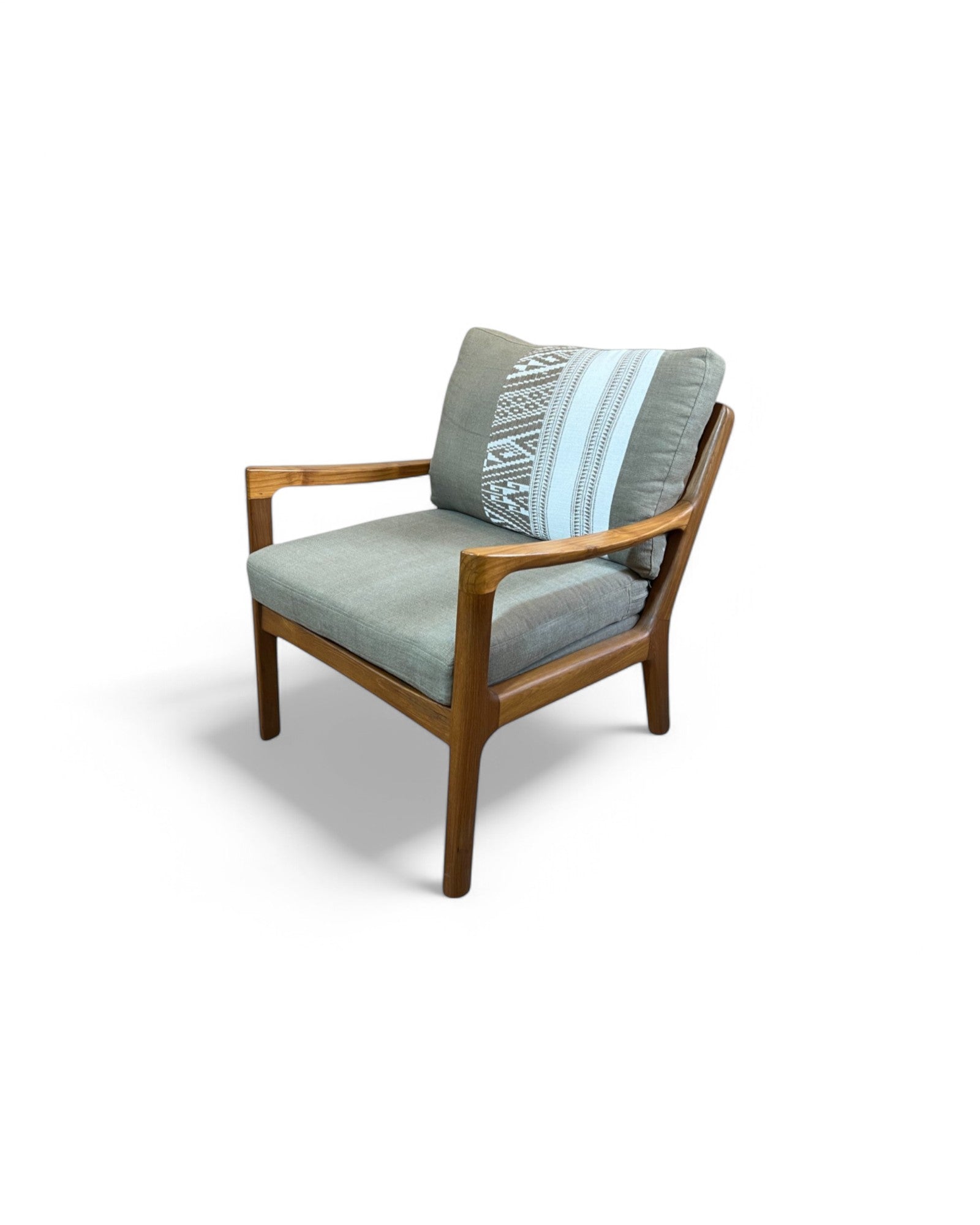Ikat Khaki Thai Weave Teak Wood Armchair